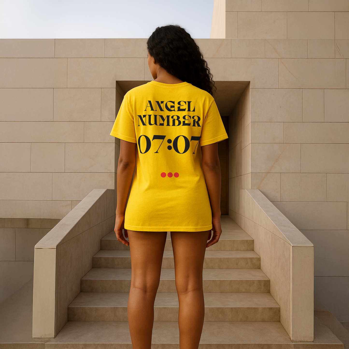 Person wearing a yellow t-shirt with 'Angel Number 07:07' text, standing on steps.