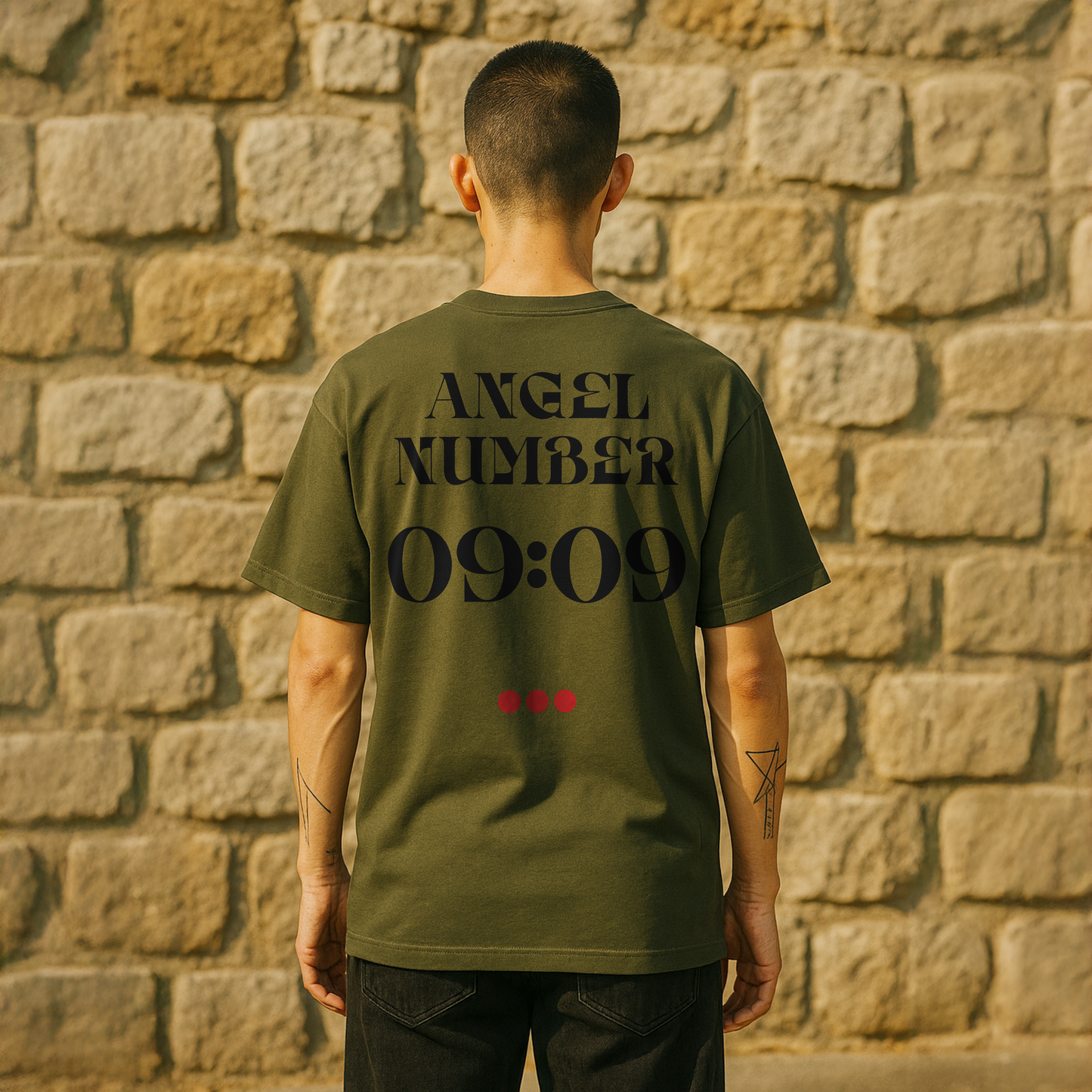 Person wearing a green t-shirt with 'ANGEL NUMBER 09:09' text on the back, standing against a stone wall.