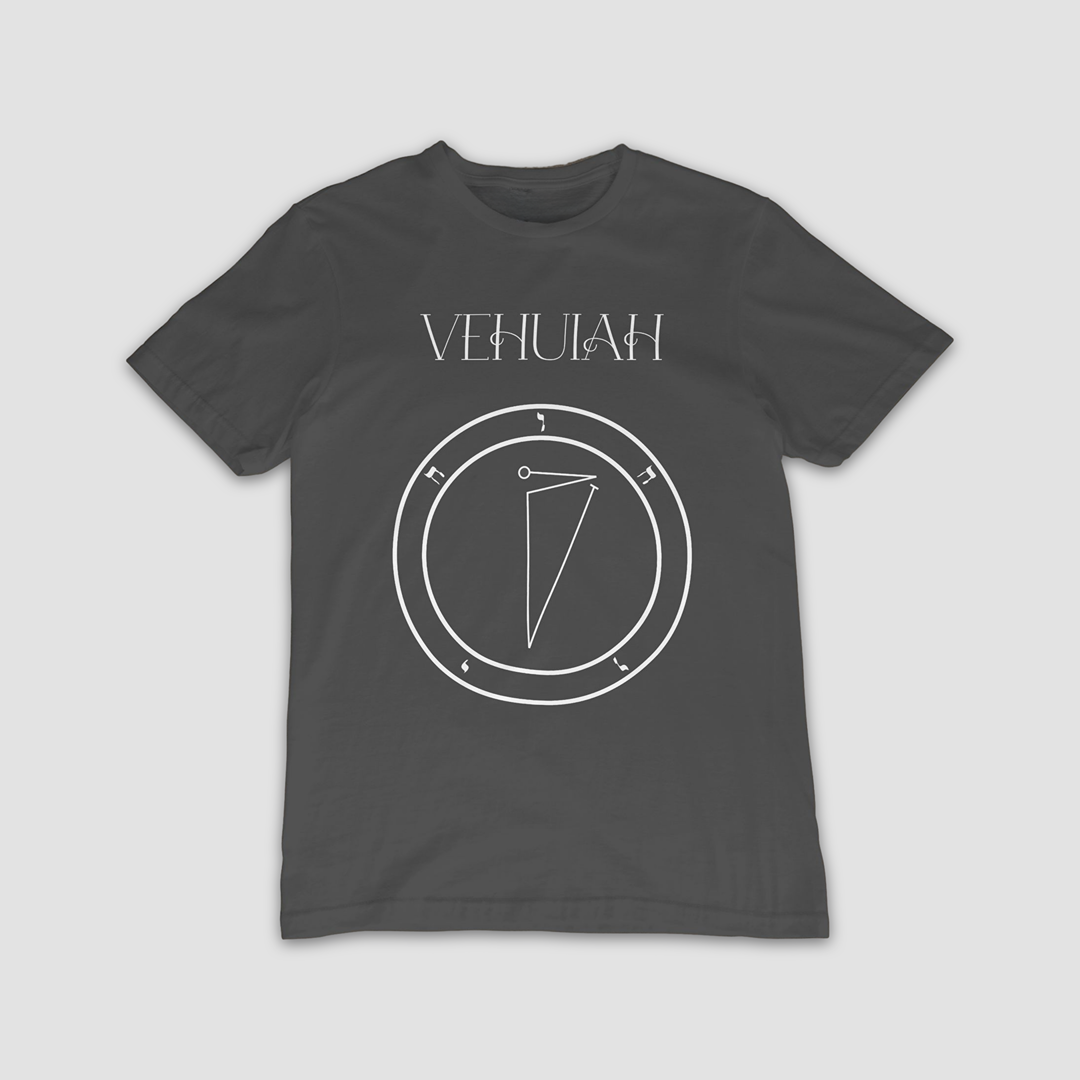 1 Vehuiah Shem Hamephorash Guardian Angel T-Shirt in charcoal, with symbol of Vehuiah on front.