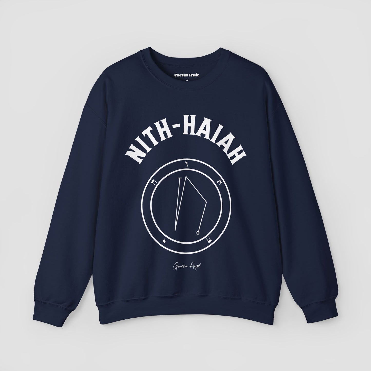 No.25 Shemhamphorasch Guardian Angel "Nith-Haiah" Sweatshirt in Navy Blue. With the seal of Nith-Haiah in white print on the front.