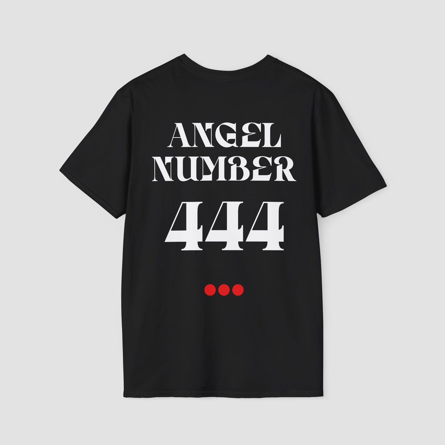 Black t-shirt with 'ANGEL NUMBER 444' printed on the back against a light gray background