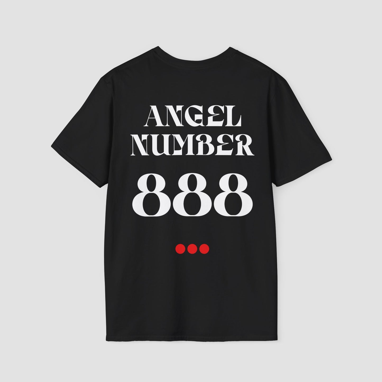 Black Tee with Angel Number 888 depicted on the back in white print and underscored by 3 red dots. A slogan is written across the front saying, "Read the signs" .