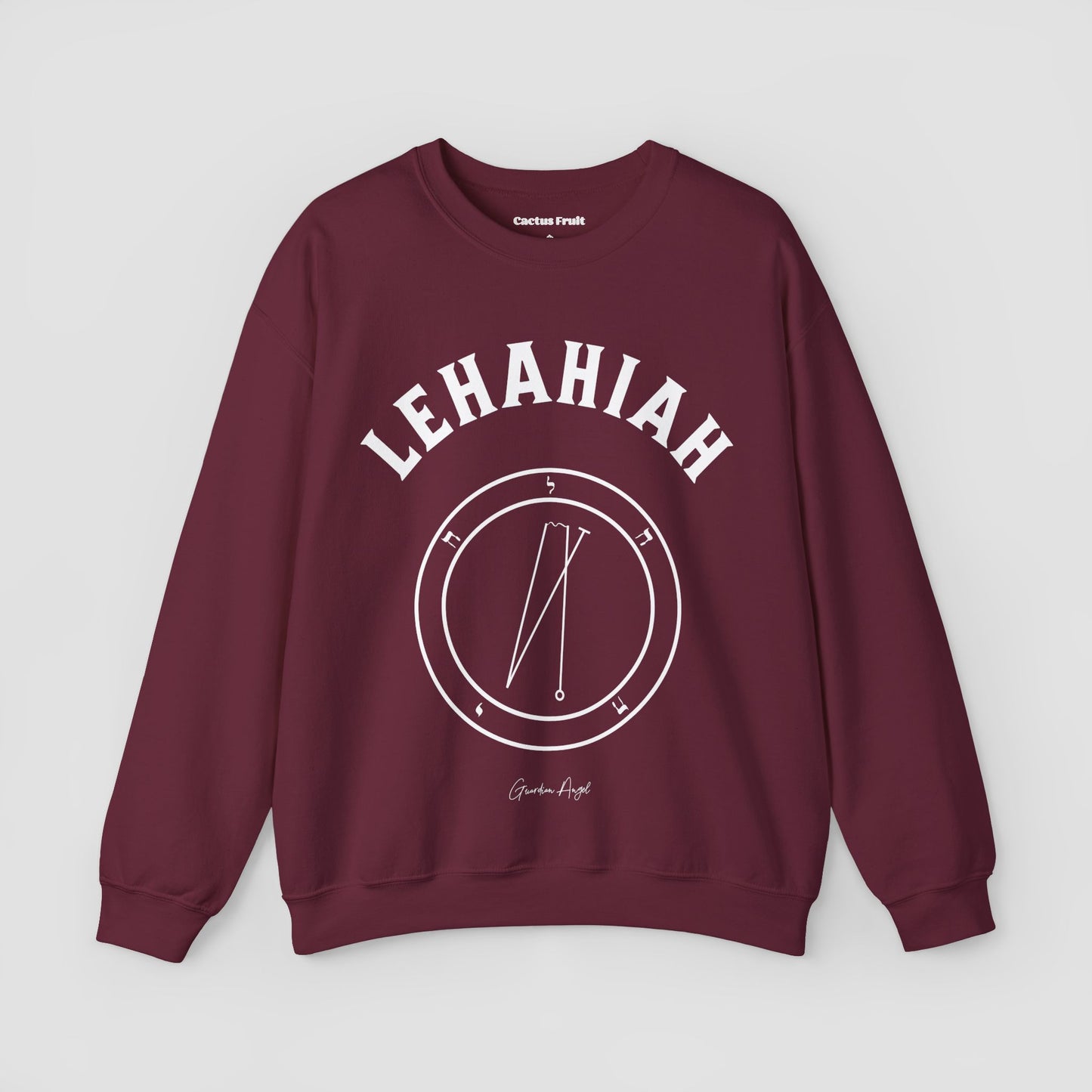 No.34 Shemhamphorasch Guardian Angel "Lehahiah" Sweatshirt in Maroon. With the seal of Lehahiah in white print on the front.