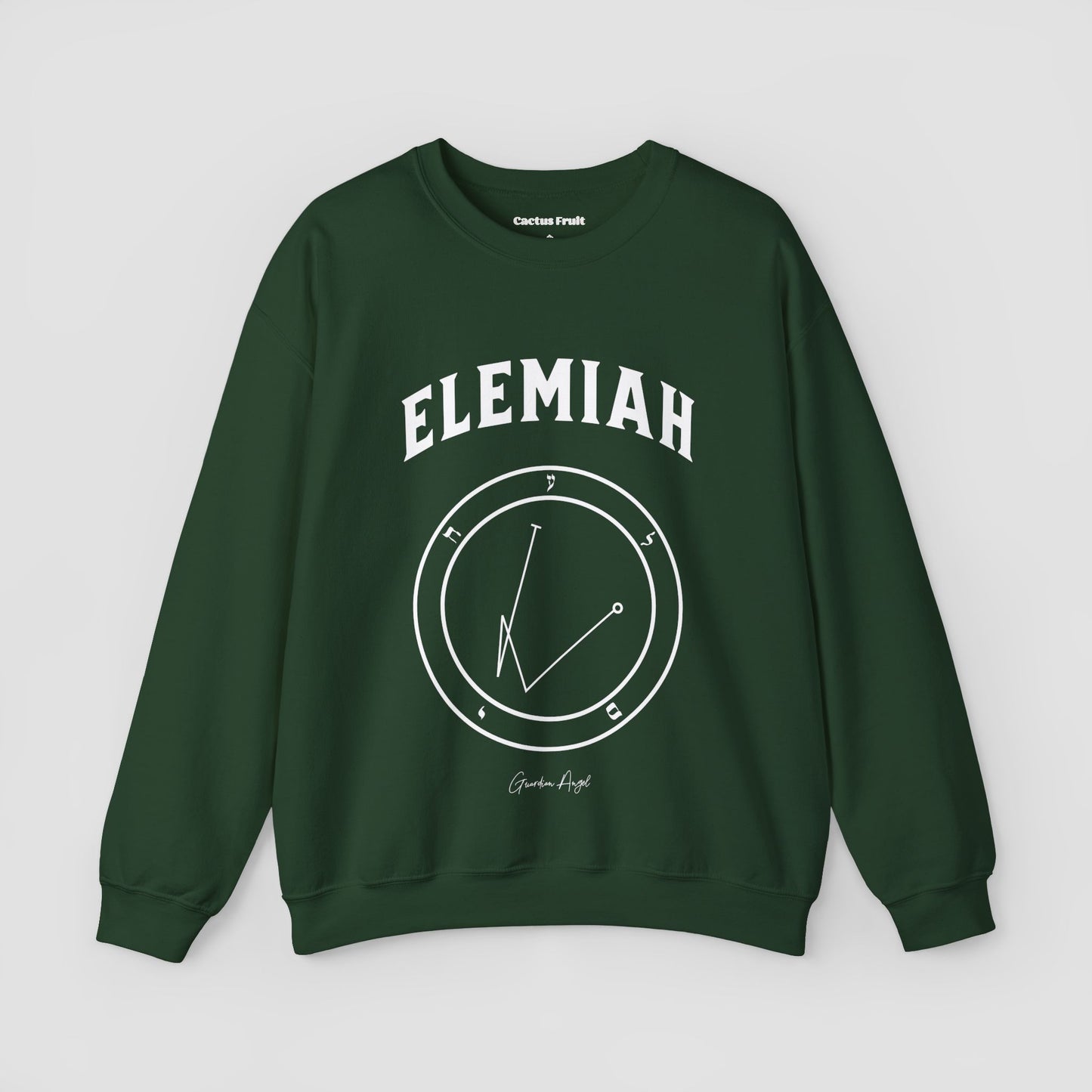 No.4 Shemhamphorasch Guardian Angel "Elemiah" Sweatshirt in Forrest Green. With the seal of Elemiah in white print on the front.