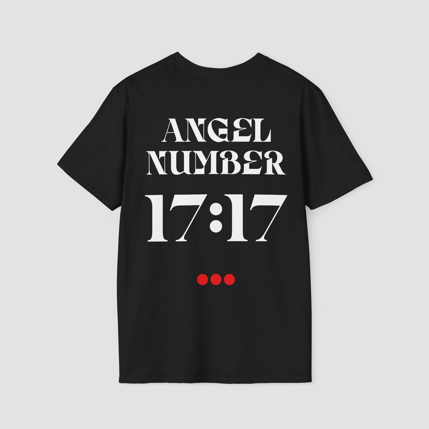 Black Tee with Angel Number 17:17 depicted on the back in white print and underscored by 3 red dots. A slogan is written across the front saying, "Read the signs" .
