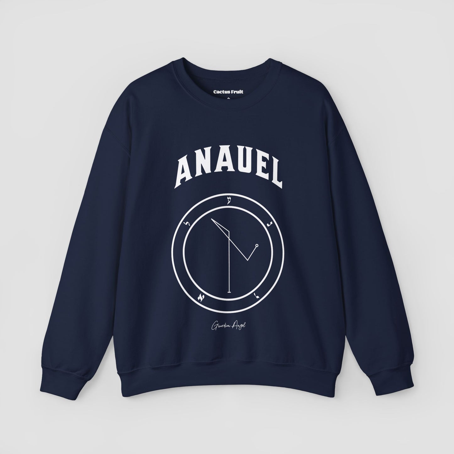 No.63 Shemhamphorasch Guardian Angel "Anauel" Sweatshirt in Navy Blue. With the seal of Anauel in white print on the front.