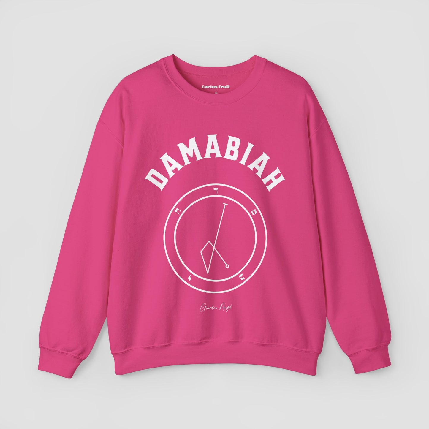 No.65 Shemhamphorasch Guardian Angel "Damabiah" Sweatshirt in Heliconia Pink. With the seal of Damabiah in white print on the front.