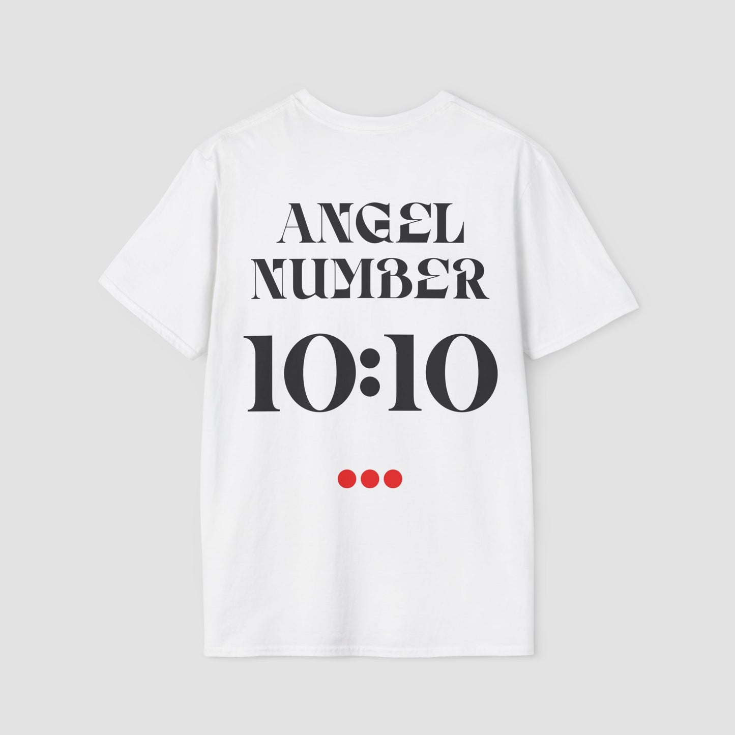 White t-shirt with 'ANGEL NUMBER 10:10' text on a light gray background
