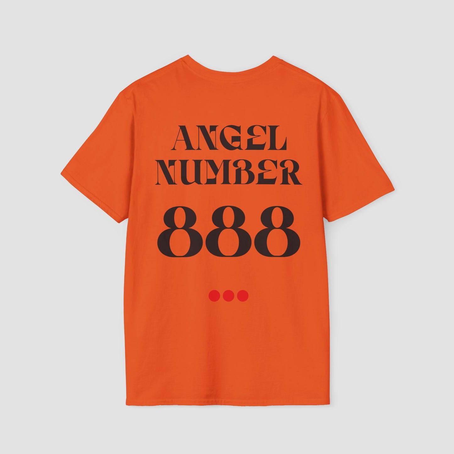 Orange Tee with Angel Number 888 depicted on the back in black print and underscored by 3 red dots. A slogan is written across the front saying, "Read the signs" .