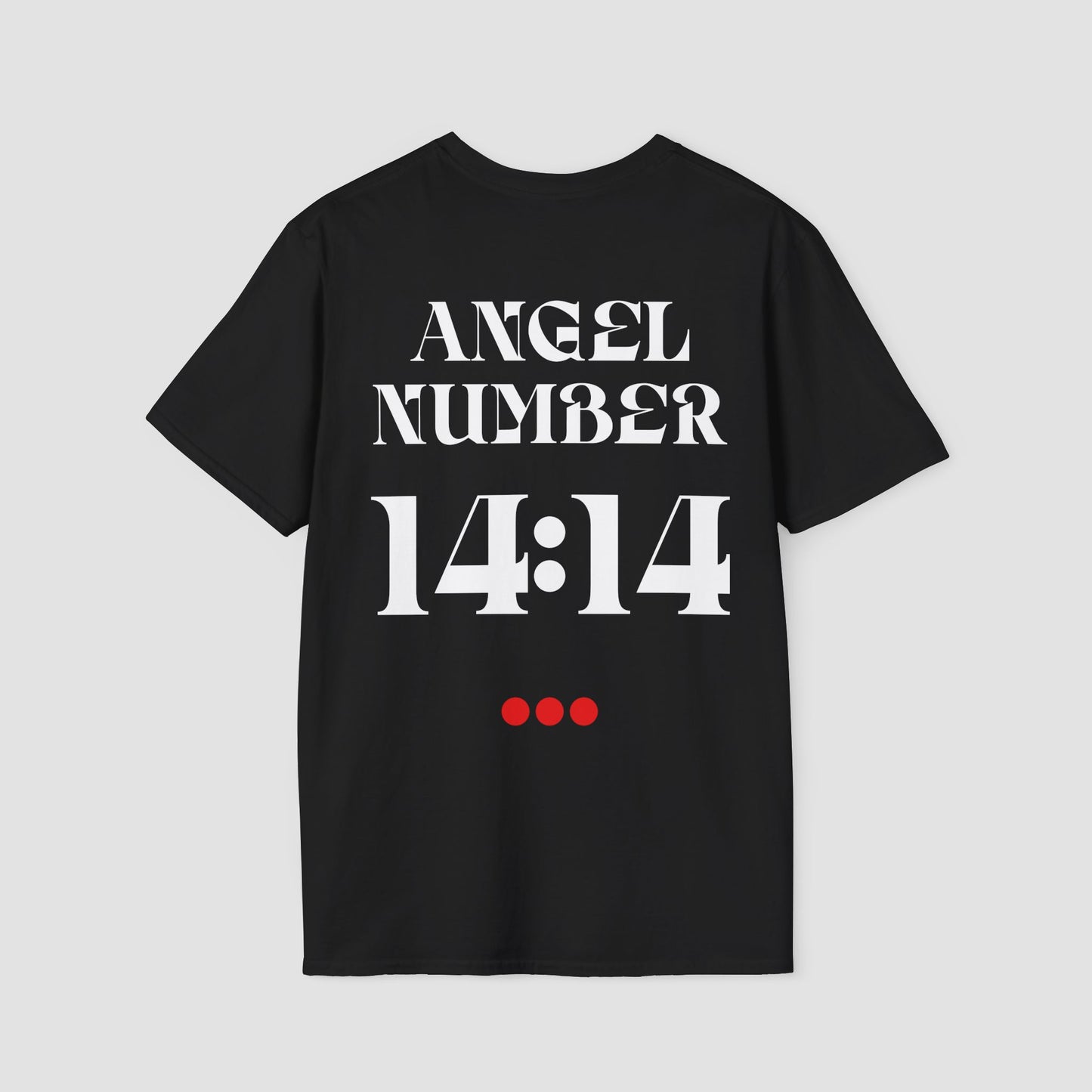 Black t-shirt with 'ANGEL NUMBER 14:14' printed on the back against a light gray background
