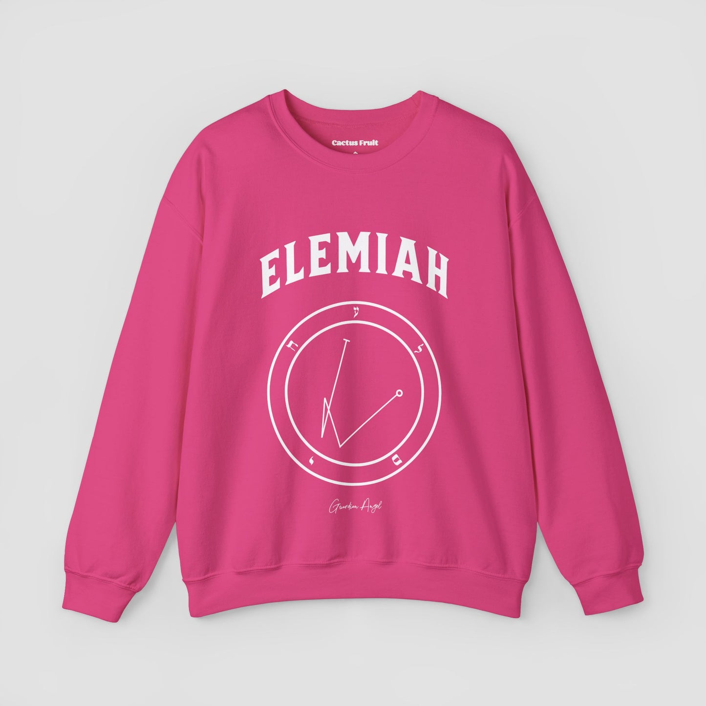 No.4 Shemhamphorasch Guardian Angel "Elemiah" Sweatshirt in Heliconia Pink. With the seal of Elemiah in white print on the front.