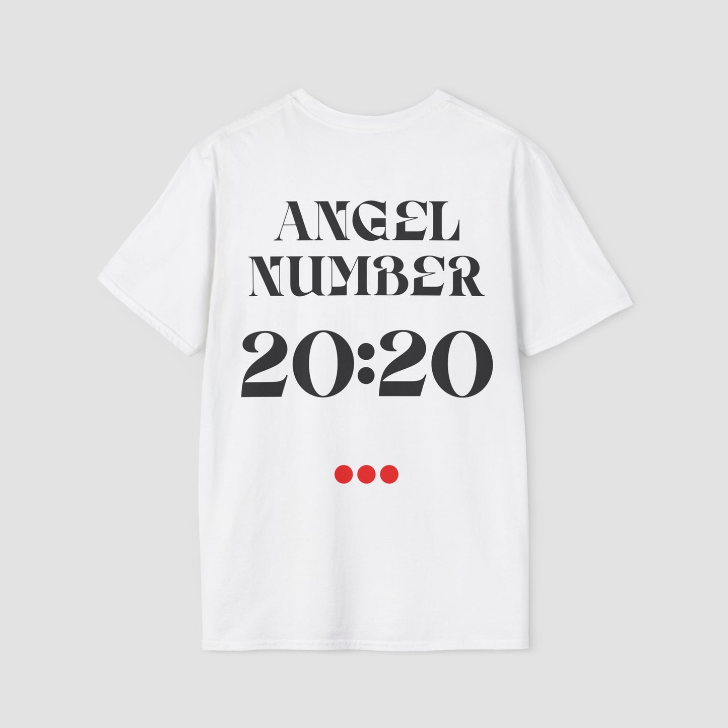 White Tee with Angel Number 20:20 depicted on the back in black print and underscored by 3 red dots. A slogan is written across the front saying, "Read the signs" .