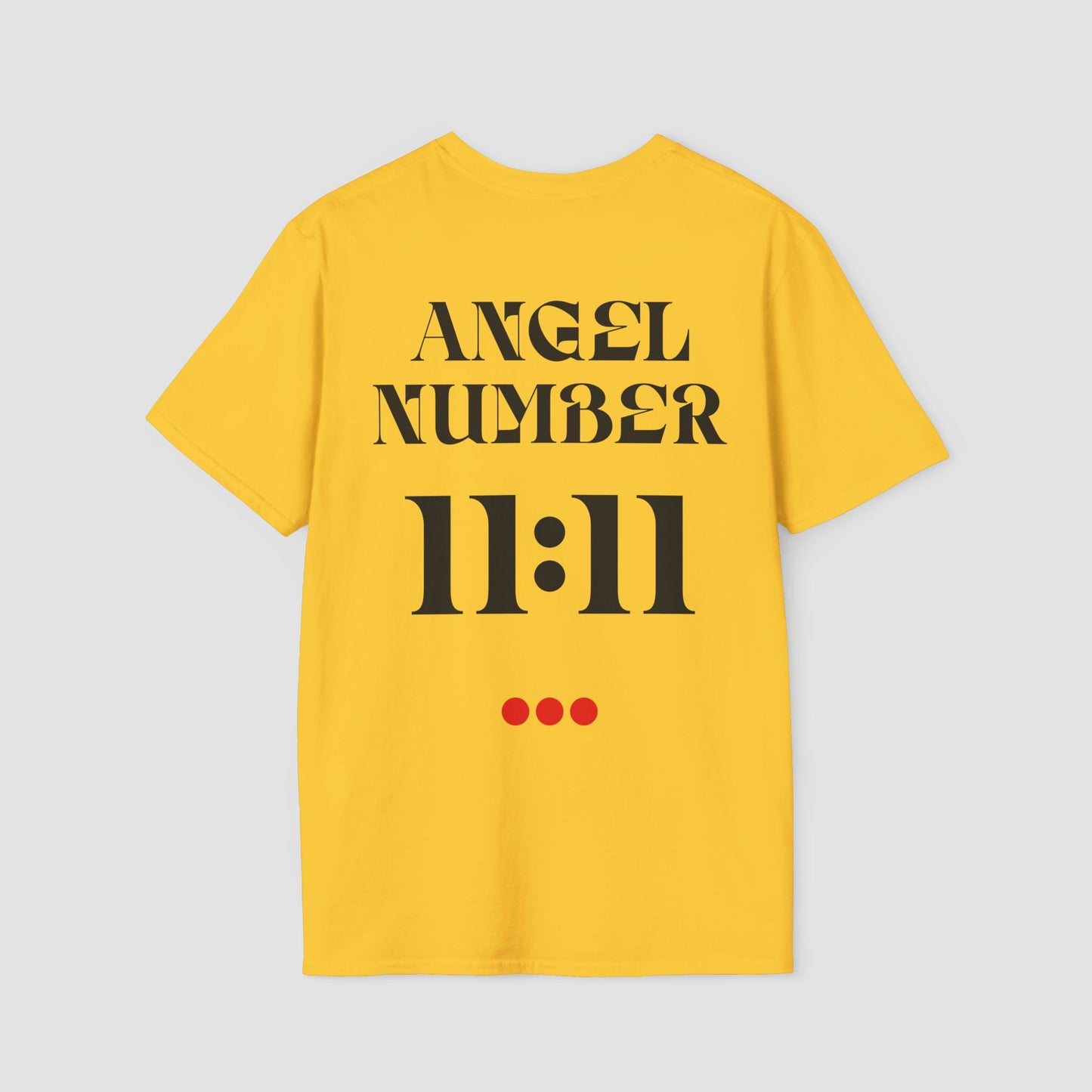 Yellow t-shirt with 'ANGEL NUMBER 11:11' printed on the back against a light gray background