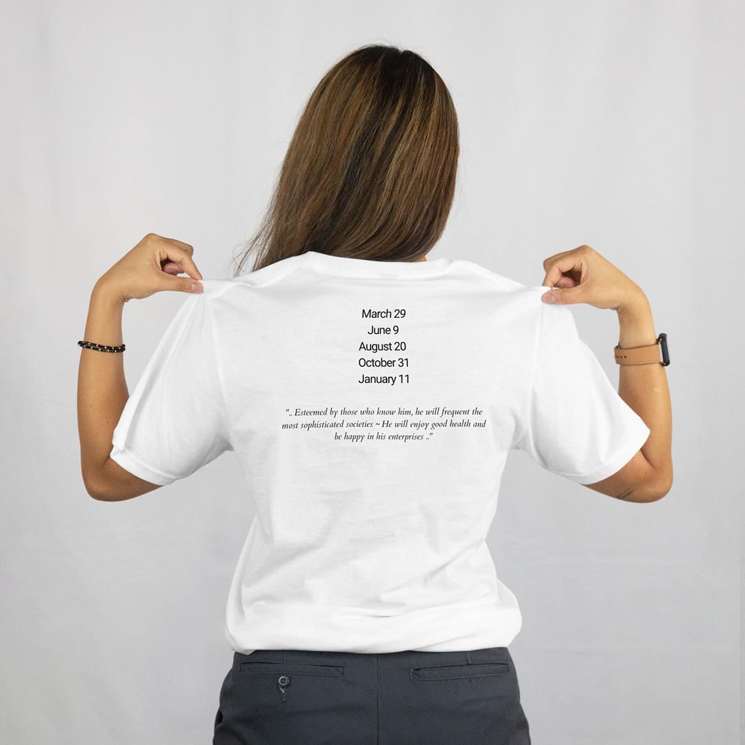 Attributes of No.10 Aladiah Shem Hamephorash Guardian Angel written on the back of a white T-Shirt.