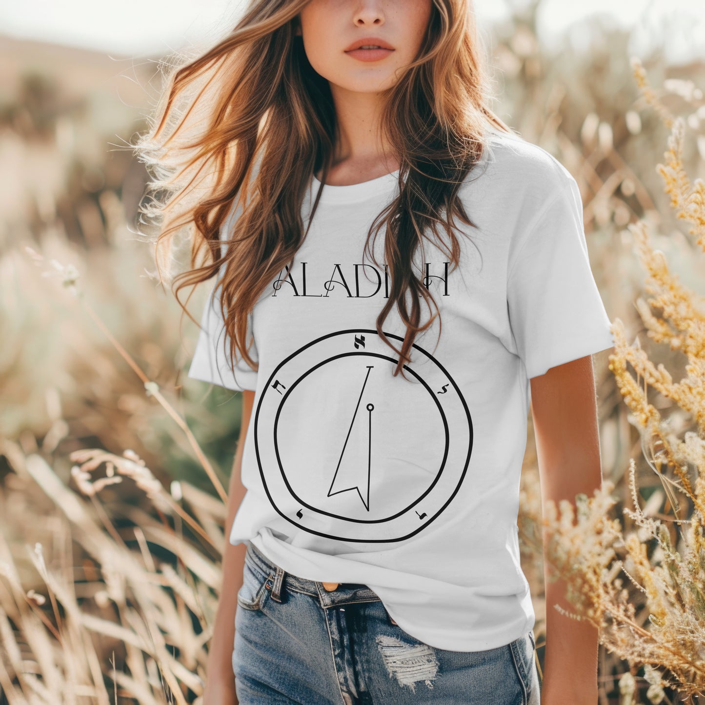 Model wearing No.10 Aladiah Shem Hamephorash Guardian Angel T-Shirt in White with symbol of Vehuiah on front.