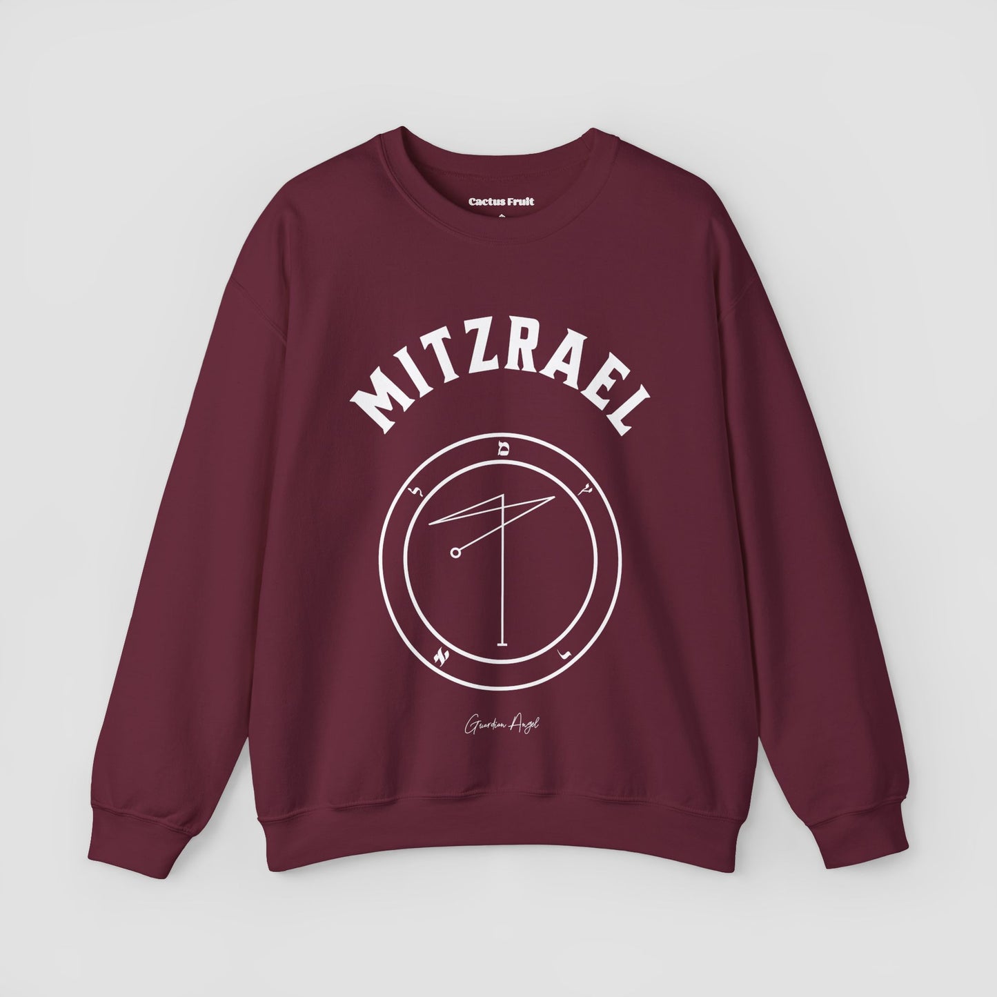 No.60 Shemhamphorasch Guardian Angel "Mitzrael" Sweatshirt in Maroon. With the seal of Mitzrael in white print on the front.