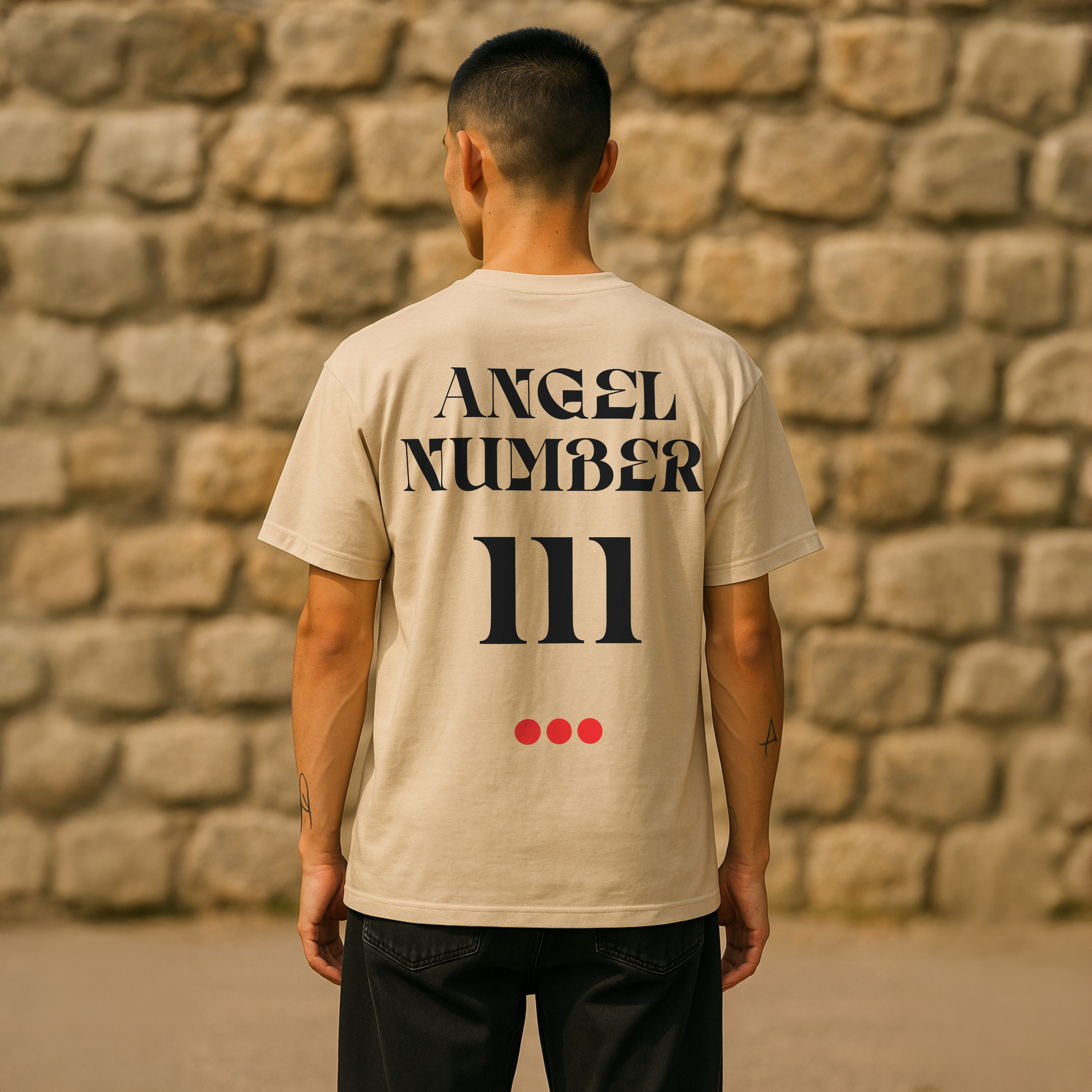 Person wearing a beige t-shirt with 'ANGEL NUMBER 111' printed on the back against a stone wall.