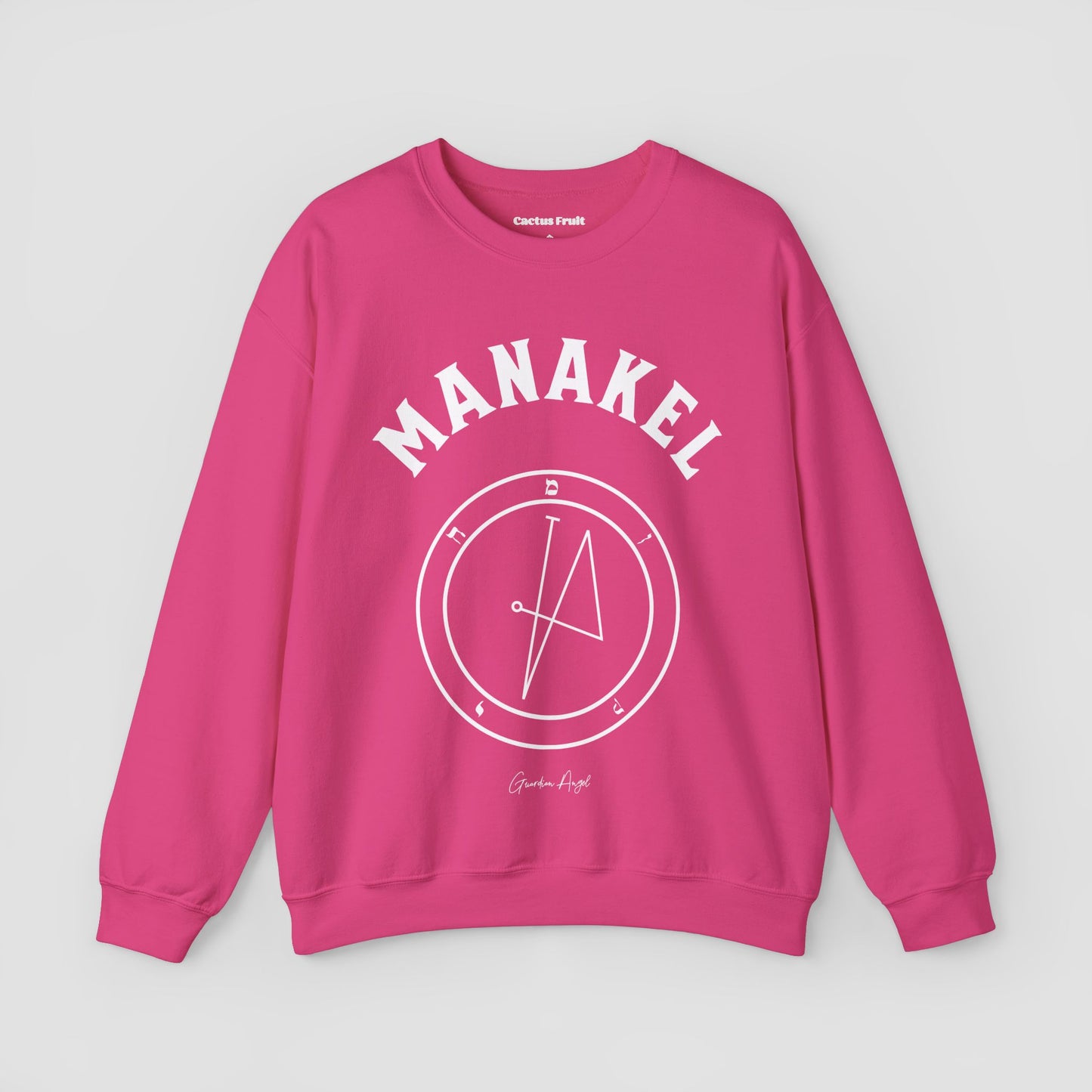 No.66 Shemhamphorasch Guardian Angel "Manakel" Sweatshirt in Heliconia Pink. With the seal of Manakel in white print on the front.