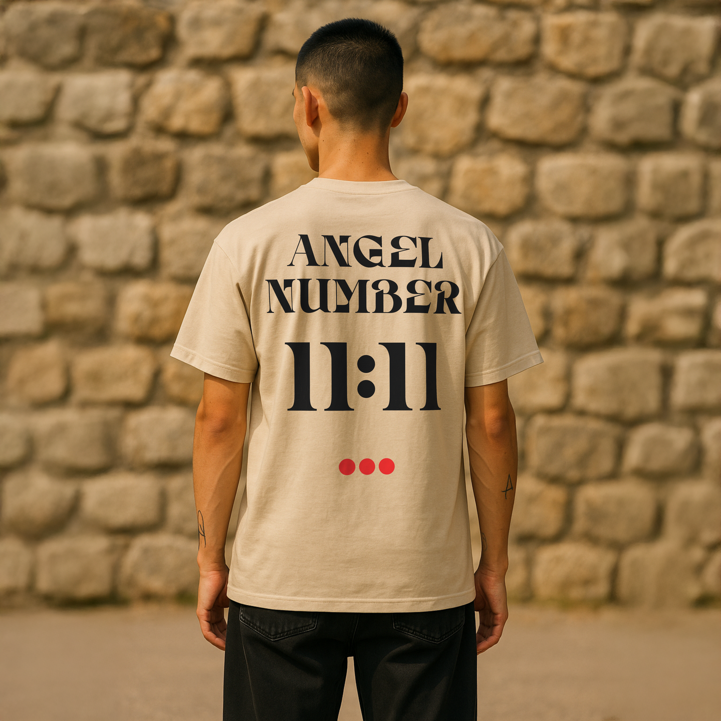 Person wearing a beige t-shirt with 'ANGEL NUMBER 11:11' text against a stone wall.