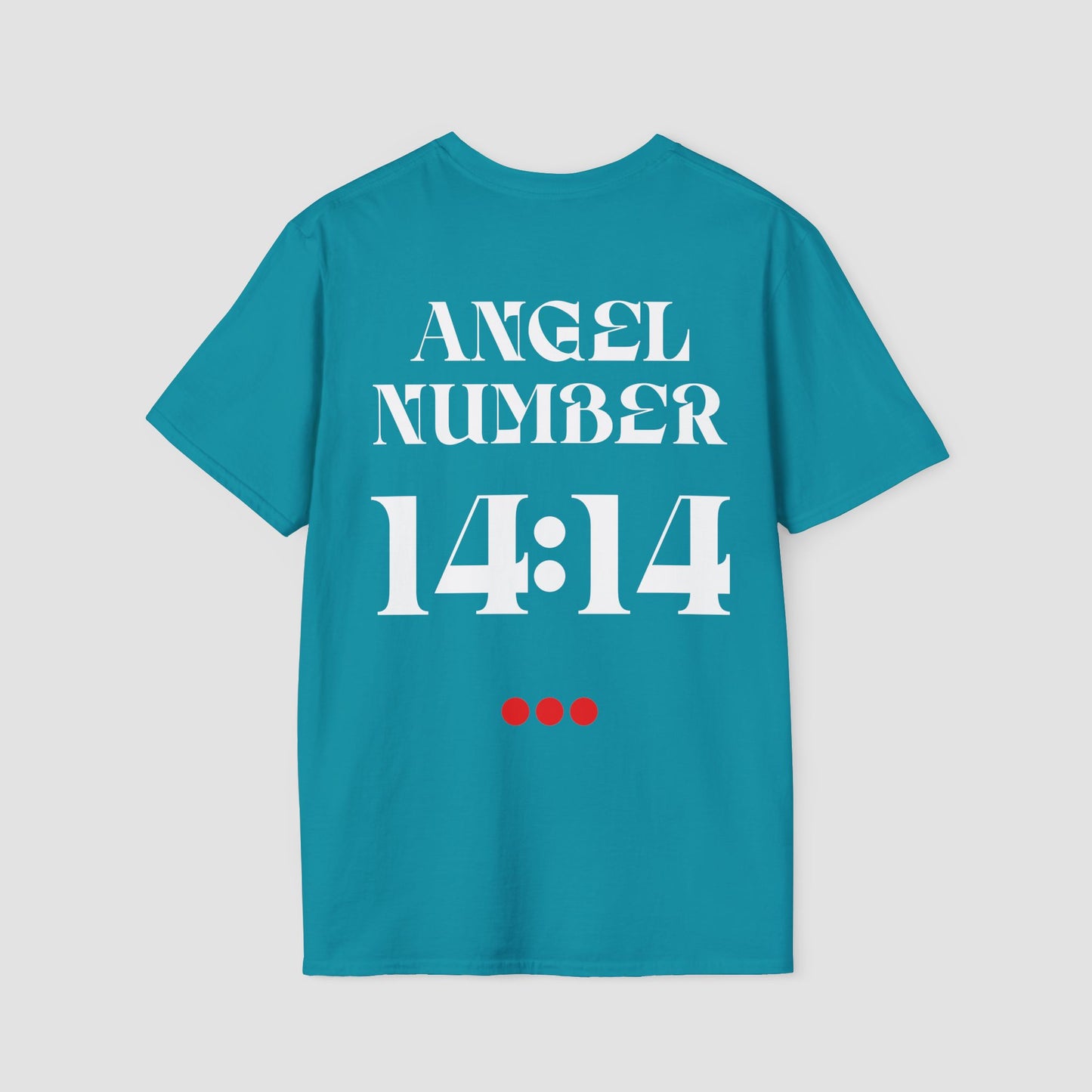 Teal t-shirt with 'ANGEL NUMBER 14:14' printed on the back against a light gray background