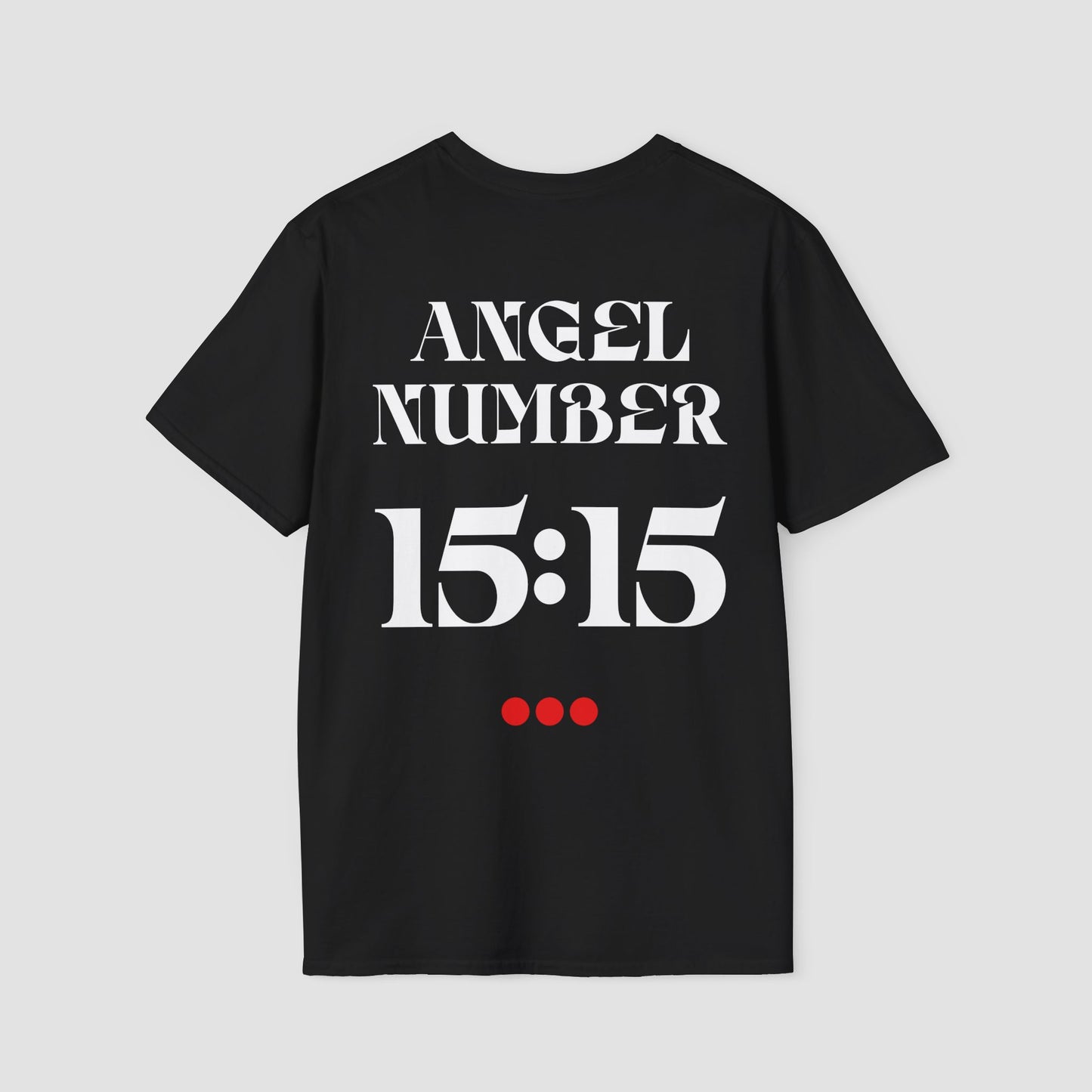 Black t-shirt with 'ANGEL NUMBER 15:15' printed on the back against a light gray background