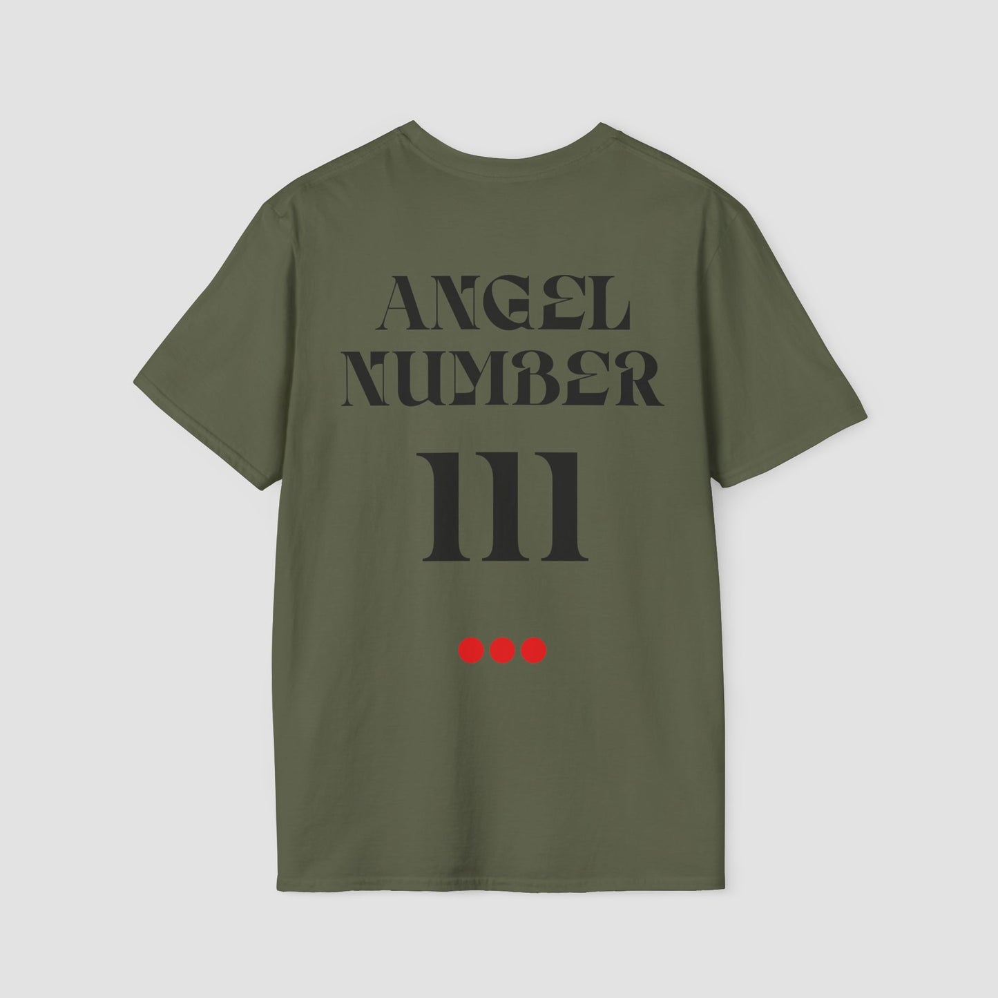 Green t-shirt with 'ANGEL NUMBER 111' printed on the back against a light gray background