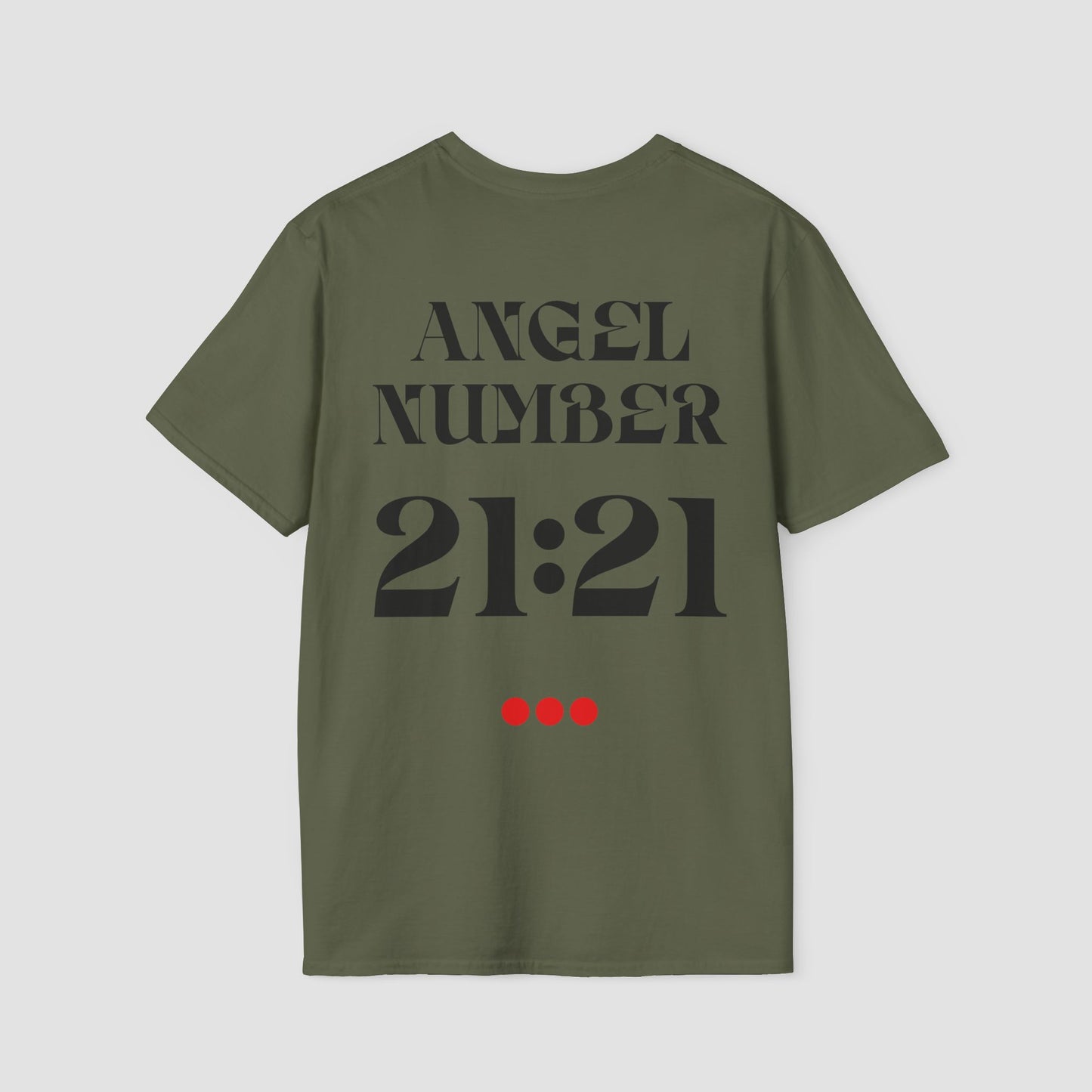 Military Green coloured Tee with Angel Number 21:21 depicted on the back in black print and underscored by 3 red dots. A slogan is written across the front saying, "Read the signs" .