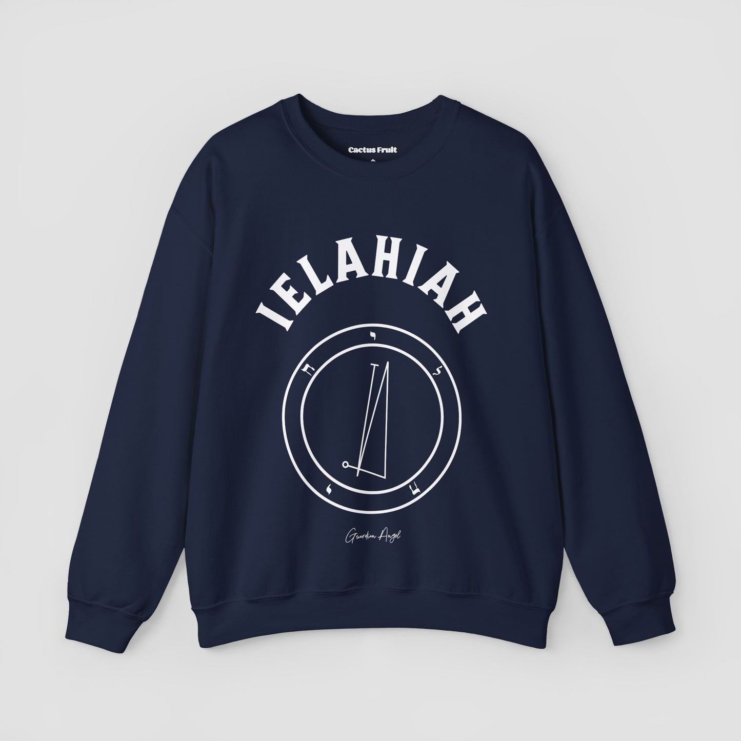 No.44 Shemhamphorasch Guardian Angel "Ielahiah" Sweatshirt in Navy Blue. With the seal of Ielahiah in white print on the front.