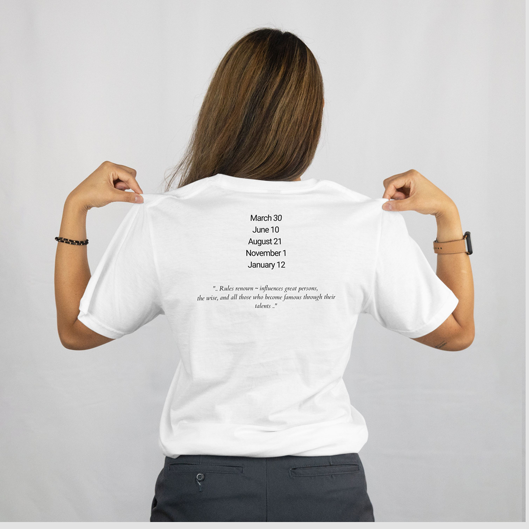 Attributes of No.11 Lauviah Shem Hamephorash Guardian Angel written on the back of a white T-Shirt.