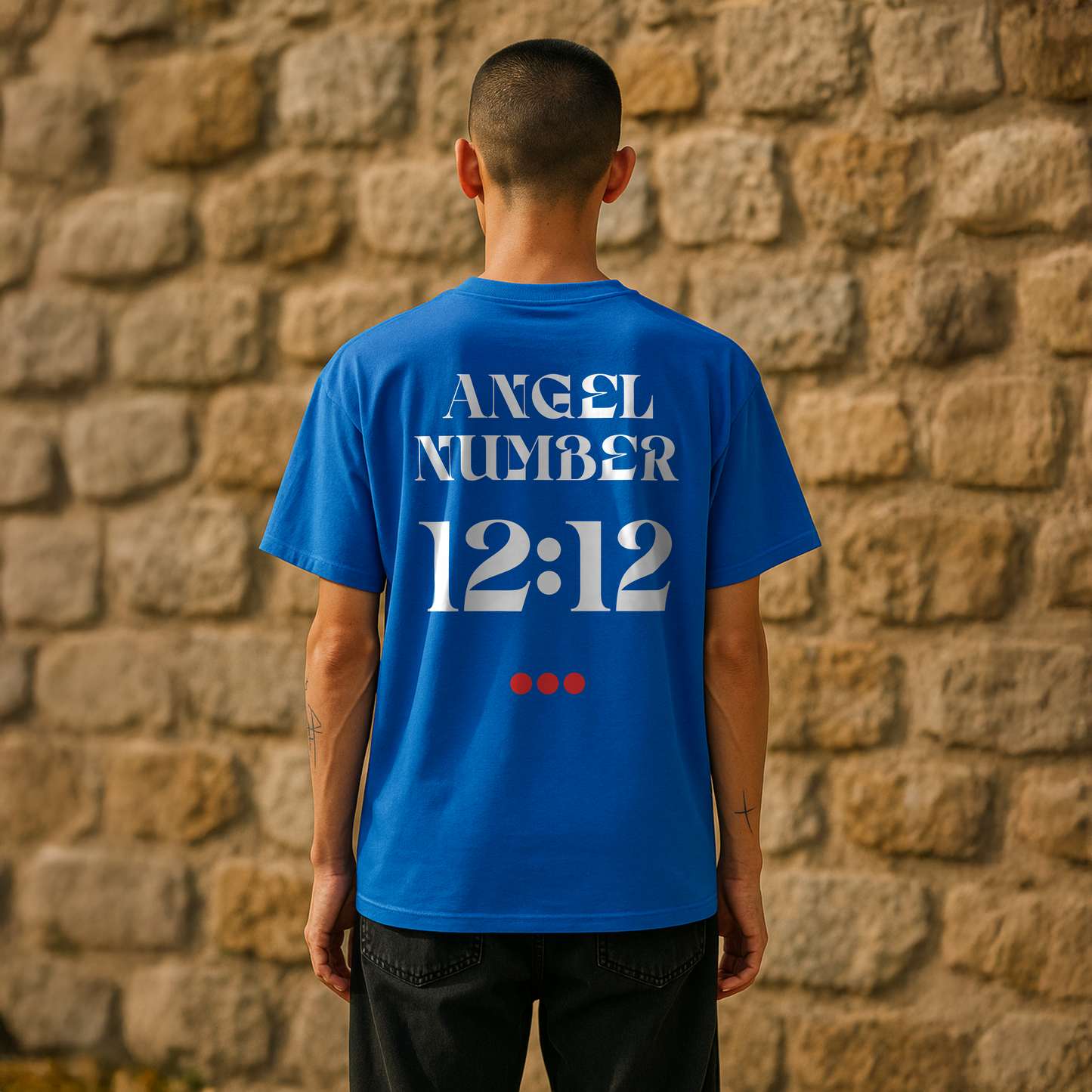 Person wearing a blue t-shirt with 'ANGEL NUMBER 12:12' text against a stone wall.