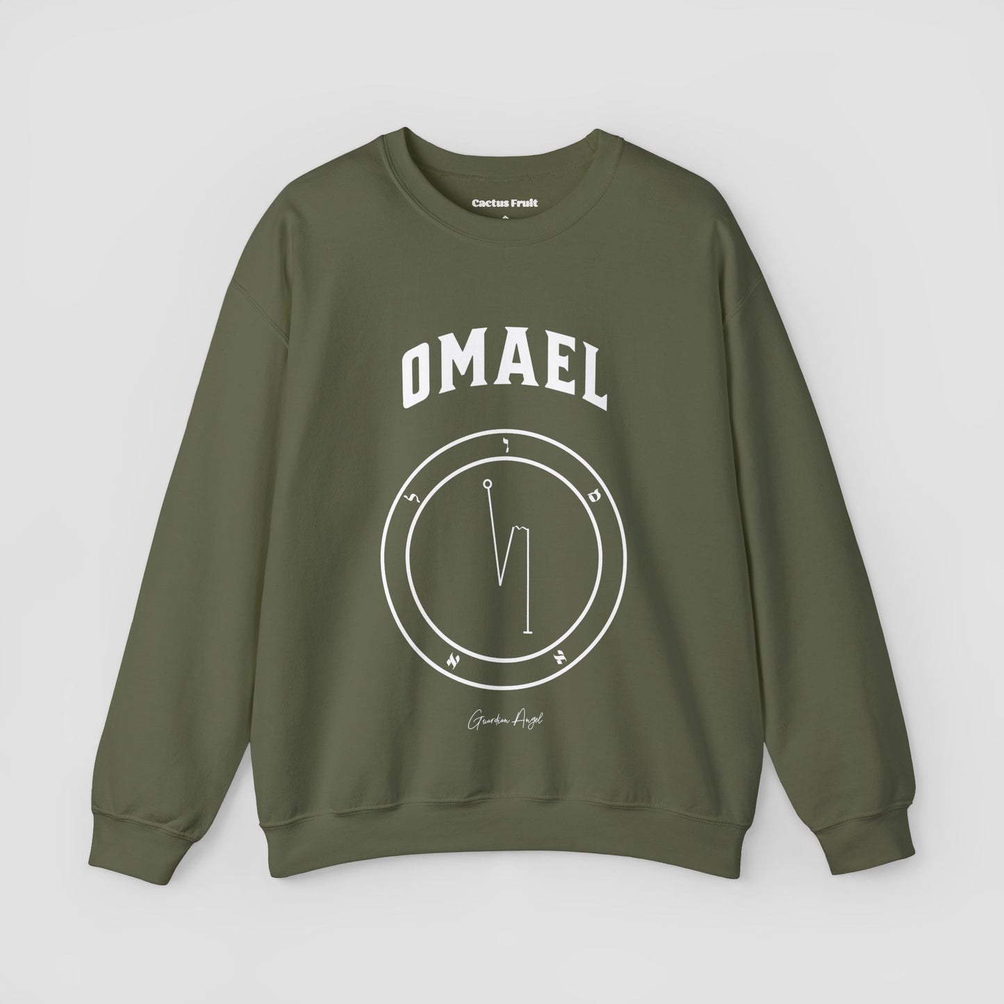 No.30 Shemhamphorasch Guardian Angel "Omael" Sweatshirt in Military Green. With the seal of Omael in white print on the front.