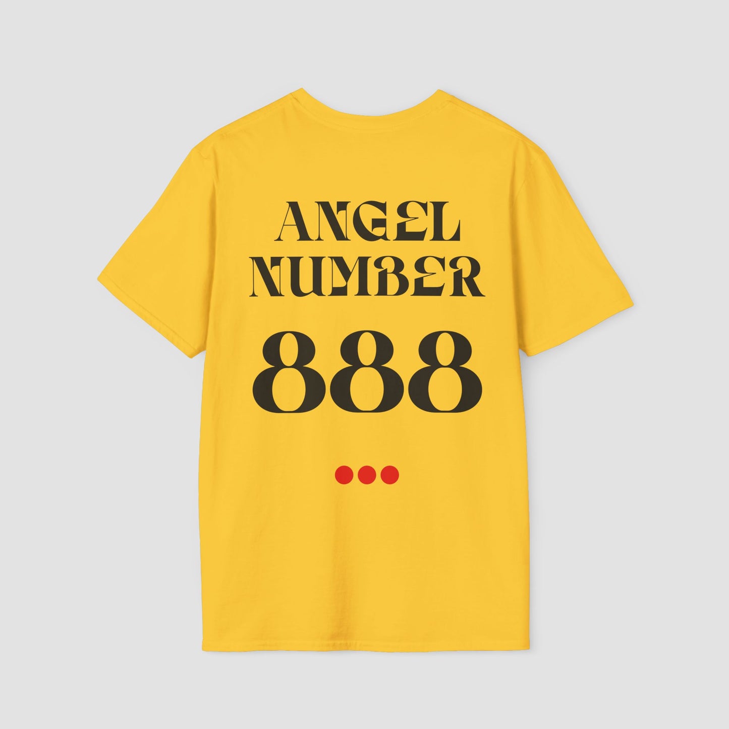 Yellow Tee with Angel Number 888 depicted on the back in black print and underscored by 3 red dots. A slogan is written across the front saying, "Read the signs" .
