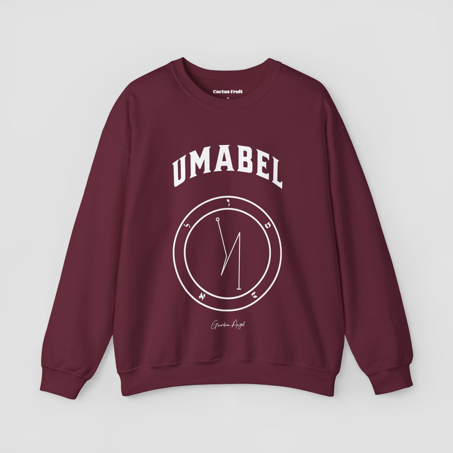 No.61 Shemhamphorasch Guardian Angel "Umabel" Sweatshirt in Maroon With the seal of Umabel in white print on the front.