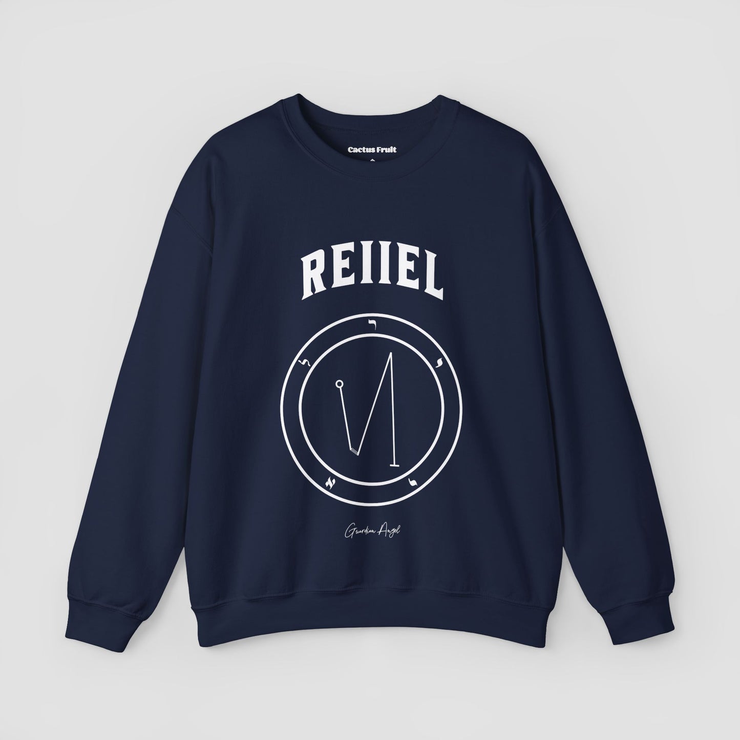 No.29 Shemhamphorasch Guardian Angel "Reiiel" Sweatshirt in Navy Blue. With the seal of Reiiel in white print on the front.