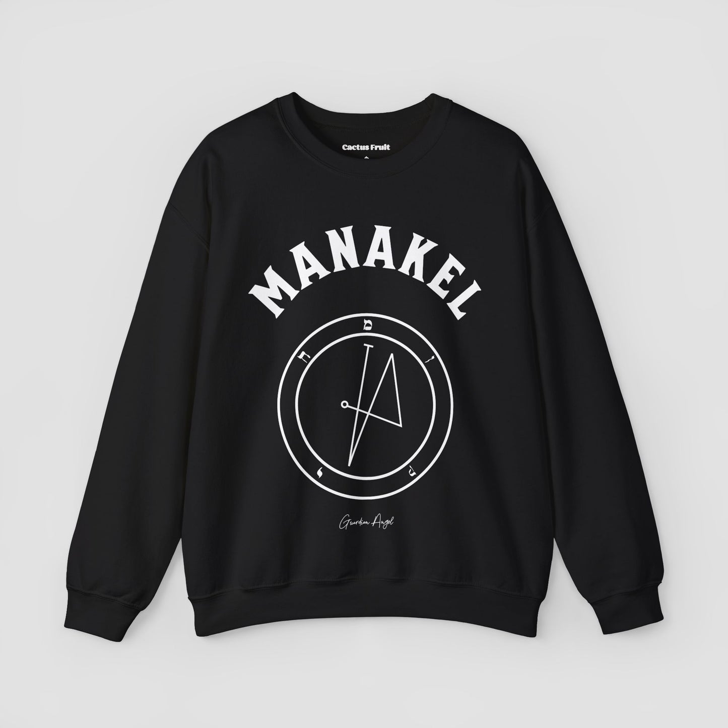 No.66 Shemhamphorasch Guardian Angel "Manakel" Sweatshirt in Black. With the seal of Manakel in white print on the front.