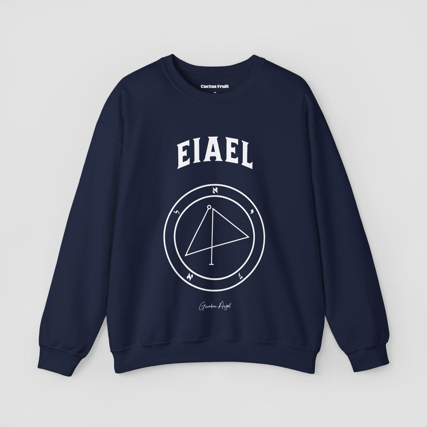 No.67 Shemhamphorasch Guardian Angel "Eiael" Sweatshirt in Navy. With the seal of Eiael in white print on the front.