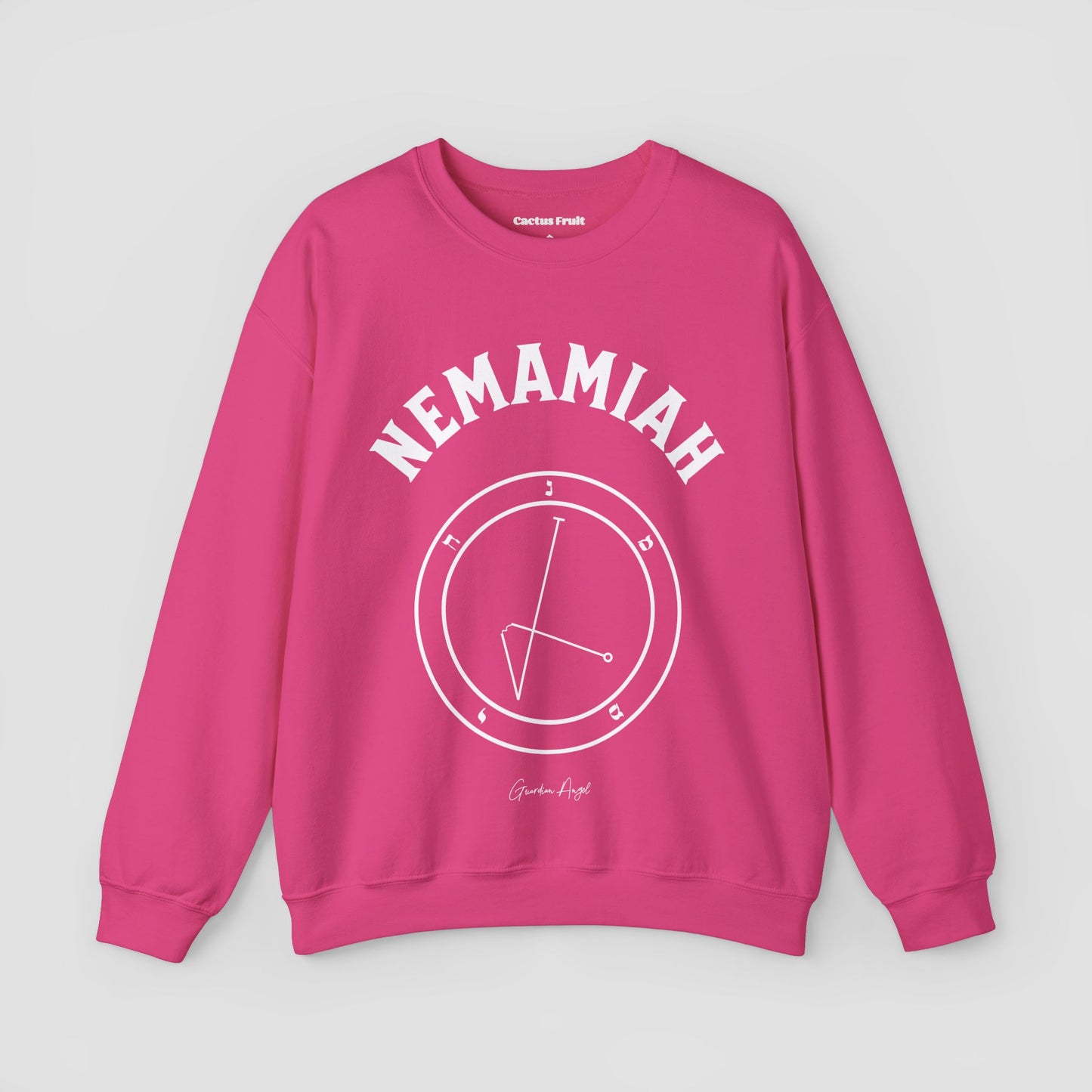 No.57 Shemhamphorasch Guardian Angel "Nemamiah" Sweatshirt in Heliconia Pink. With the seal of Nemamiah in white print on the front.