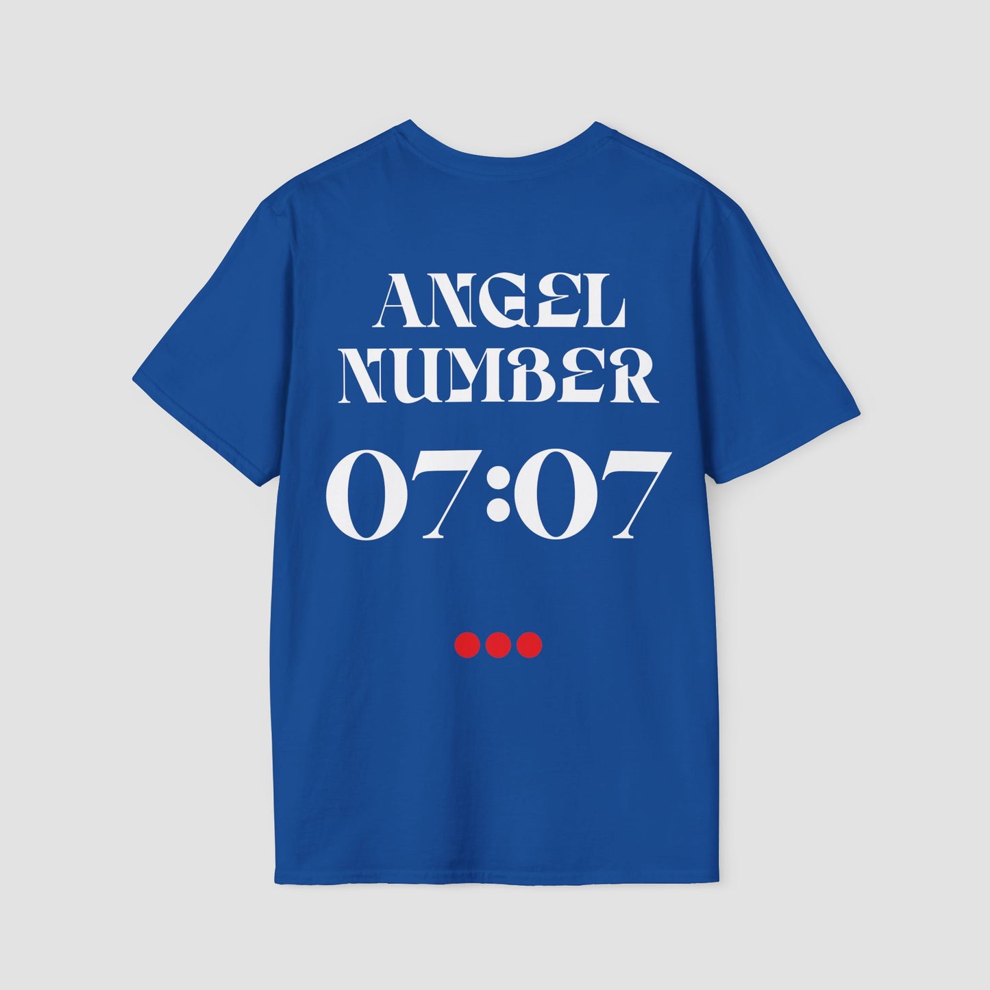 Blue t-shirt with 'ANGEL NUMBER 07:07' printed on the back against a light gray background