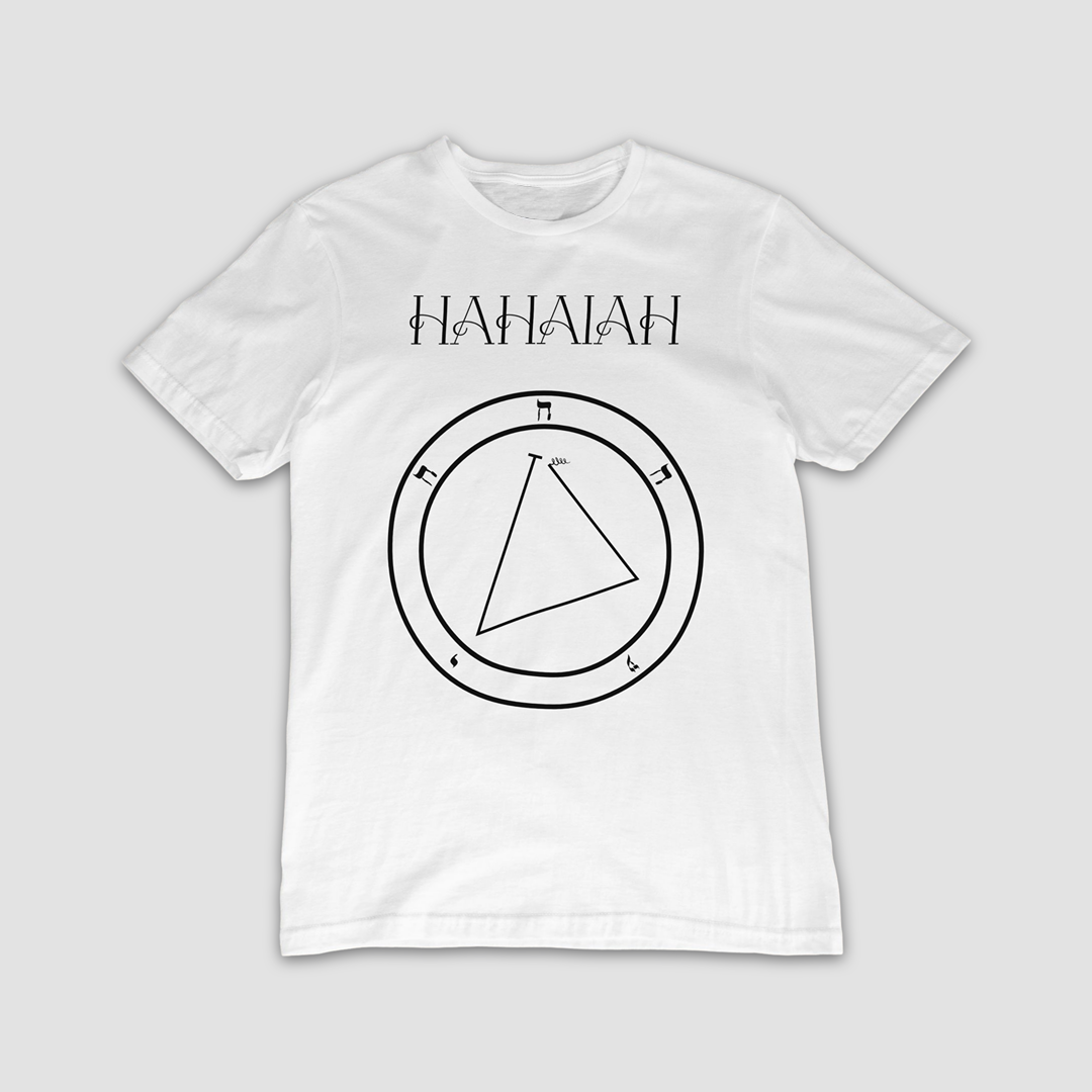 No.12_Hahaiah Shem Hamephorash Guardian Angel T-Shirt in White with symbol of Hahaiah on front.