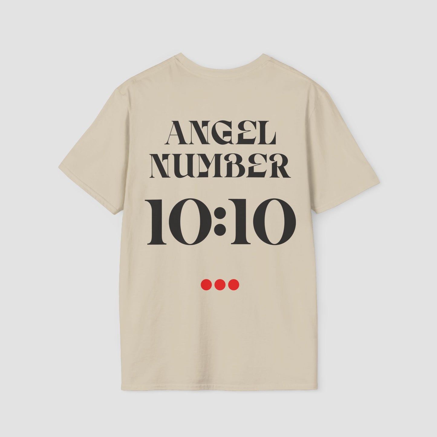Beige t-shirt with 'ANGEL NUMBER 10:10' printed on the back against a light gray background
