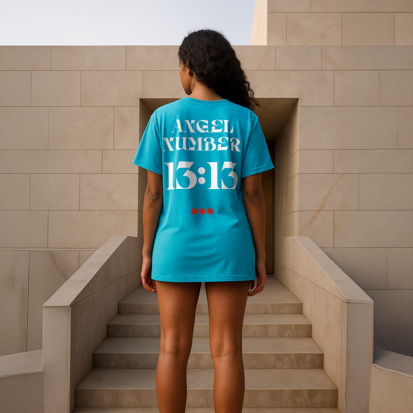 Person wearing a blue t-shirt with 'ANGEL NUMBER 13:13' text standing on steps.