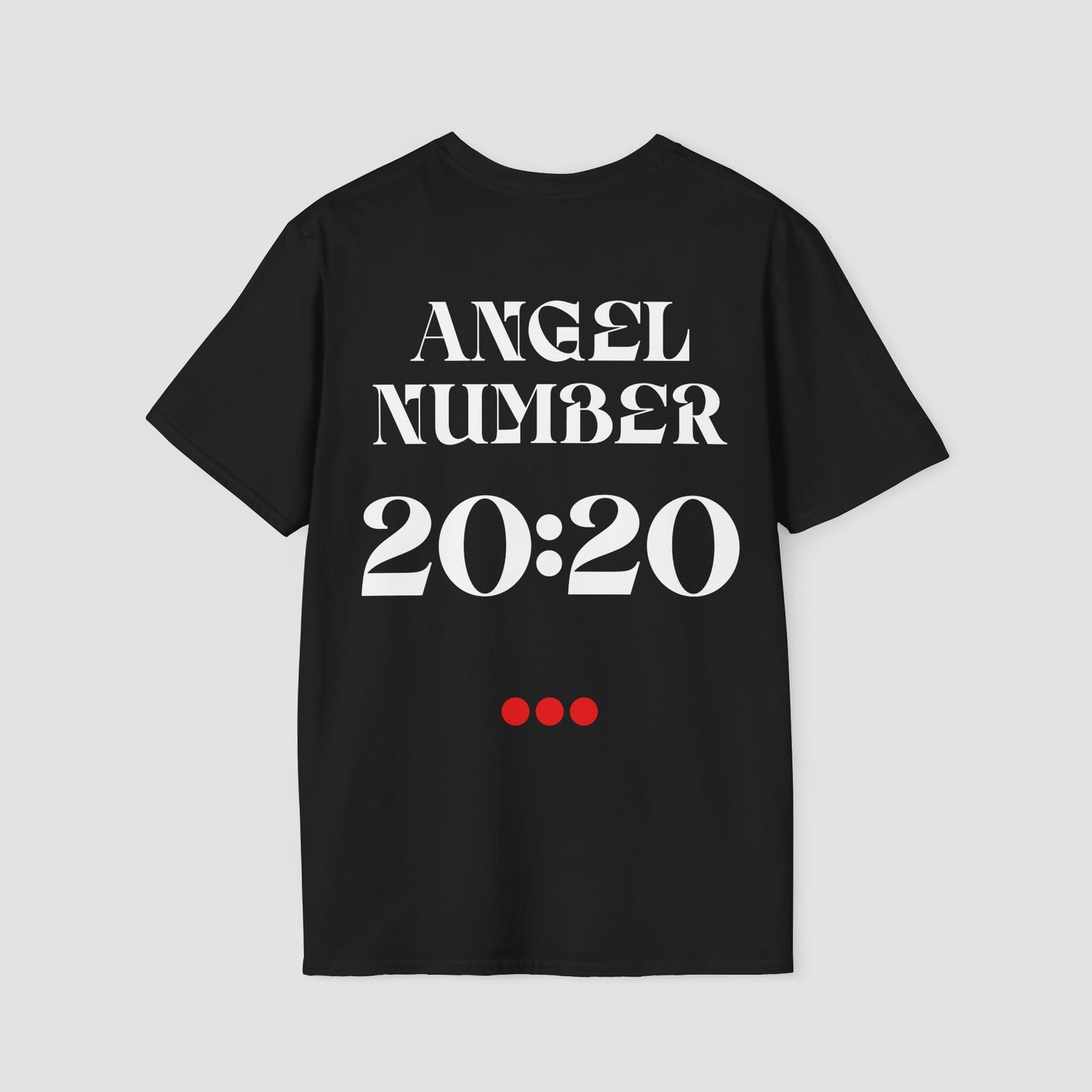 Black Tee with Angel Number 20:20 depicted on the back in white print and underscored by 3 red dots. A slogan is written across the front saying, "Read the signs" .