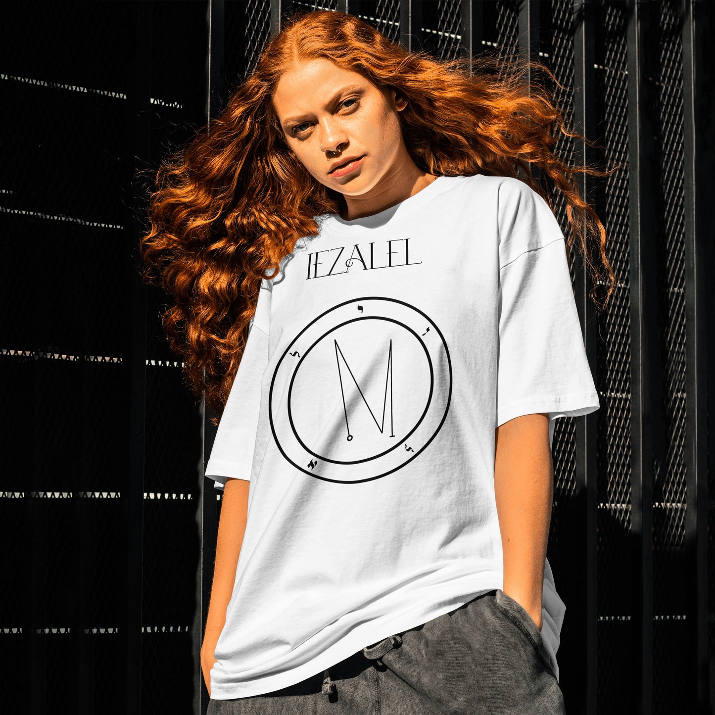 Model wearing No.13_IEZALEL Shem Hamephorash Guardian Angel T-Shirt in White with symbol of IEZALEL on front.