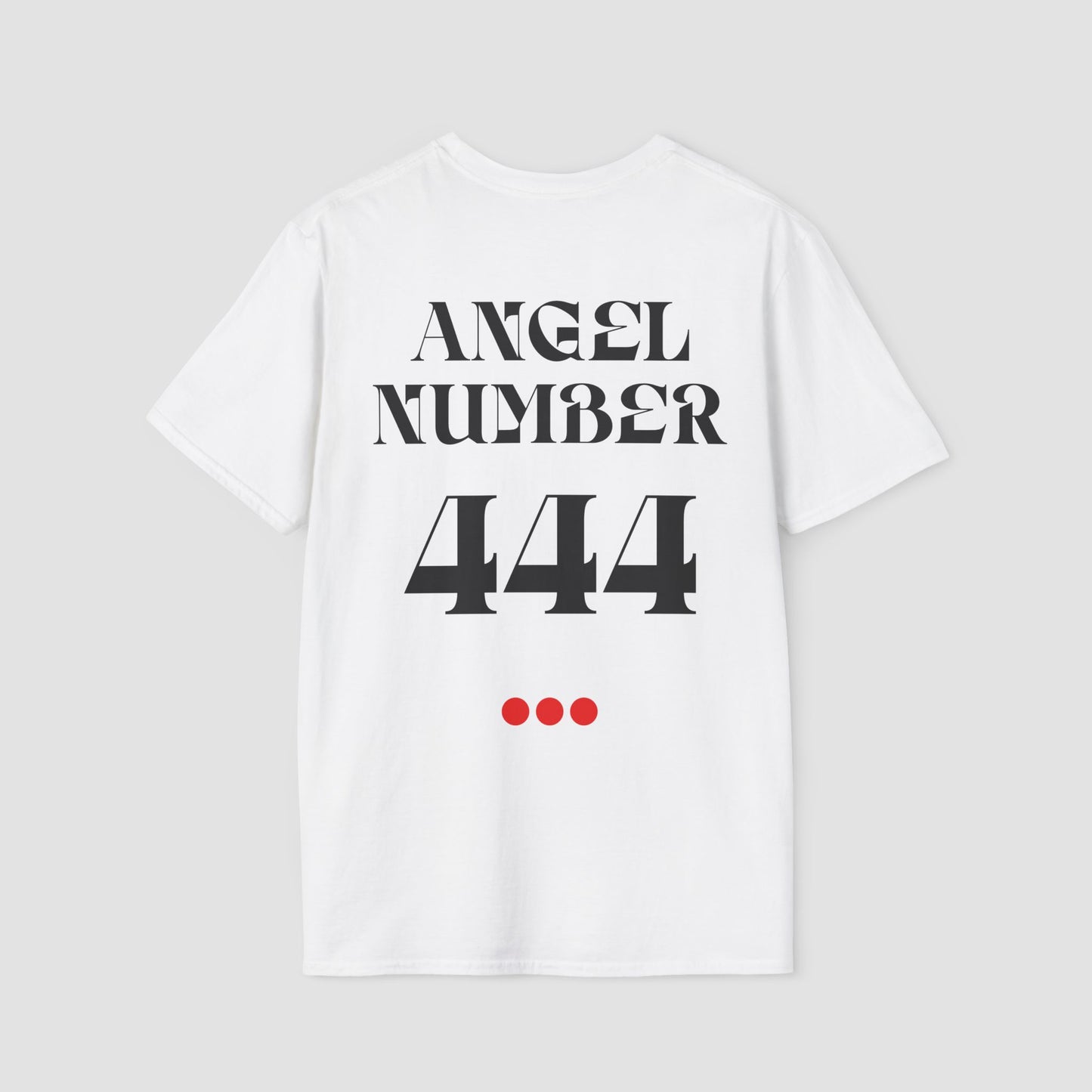 White t-shirt with 'ANGEL NUMBER 444' text on a gray background