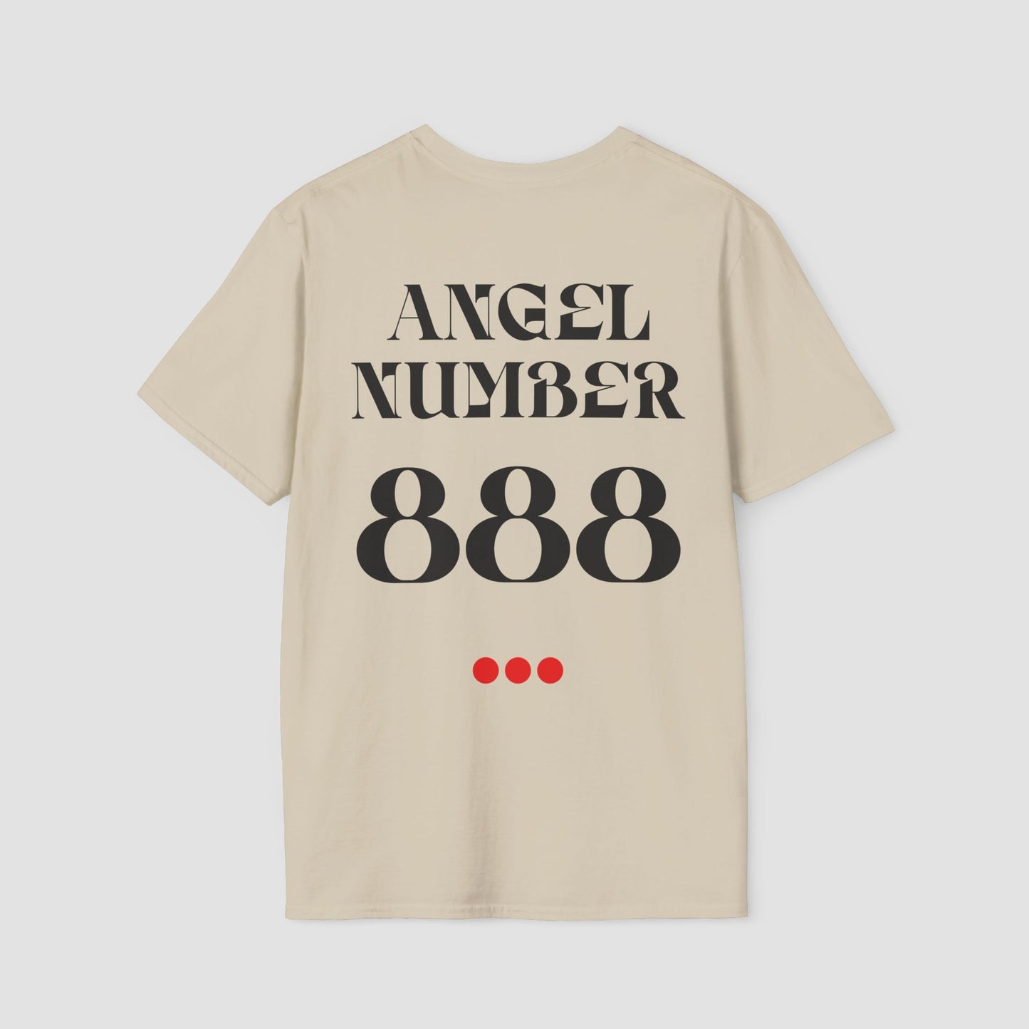 Sand colour Tee with Angel Number 888 depicted on the back in black print and underscored by 3 red dots. A slogan is written across the front saying, "Read the signs" .