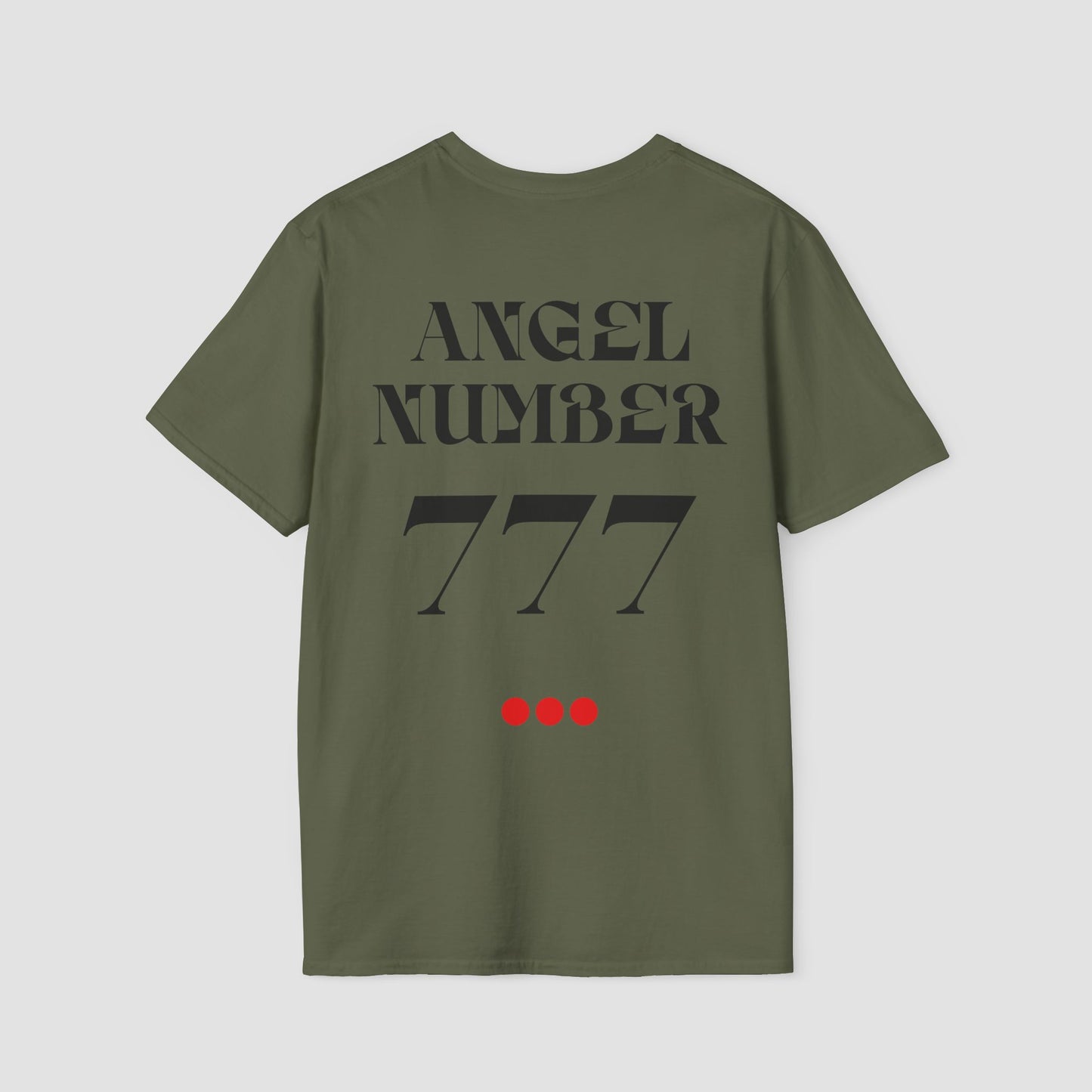 Military Green coloured Tee with Angel Number 777 depicted on the back in black print and underscored by 3 red dots. A slogan is written across the front saying, "Read the signs" .