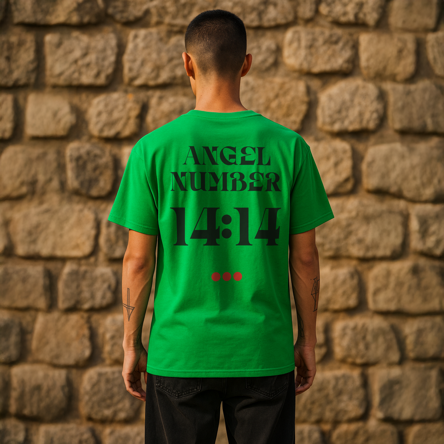 Person wearing a green t-shirt with 'ANGEL NUMBER 14:14' text on the back, standing against a stone wall.