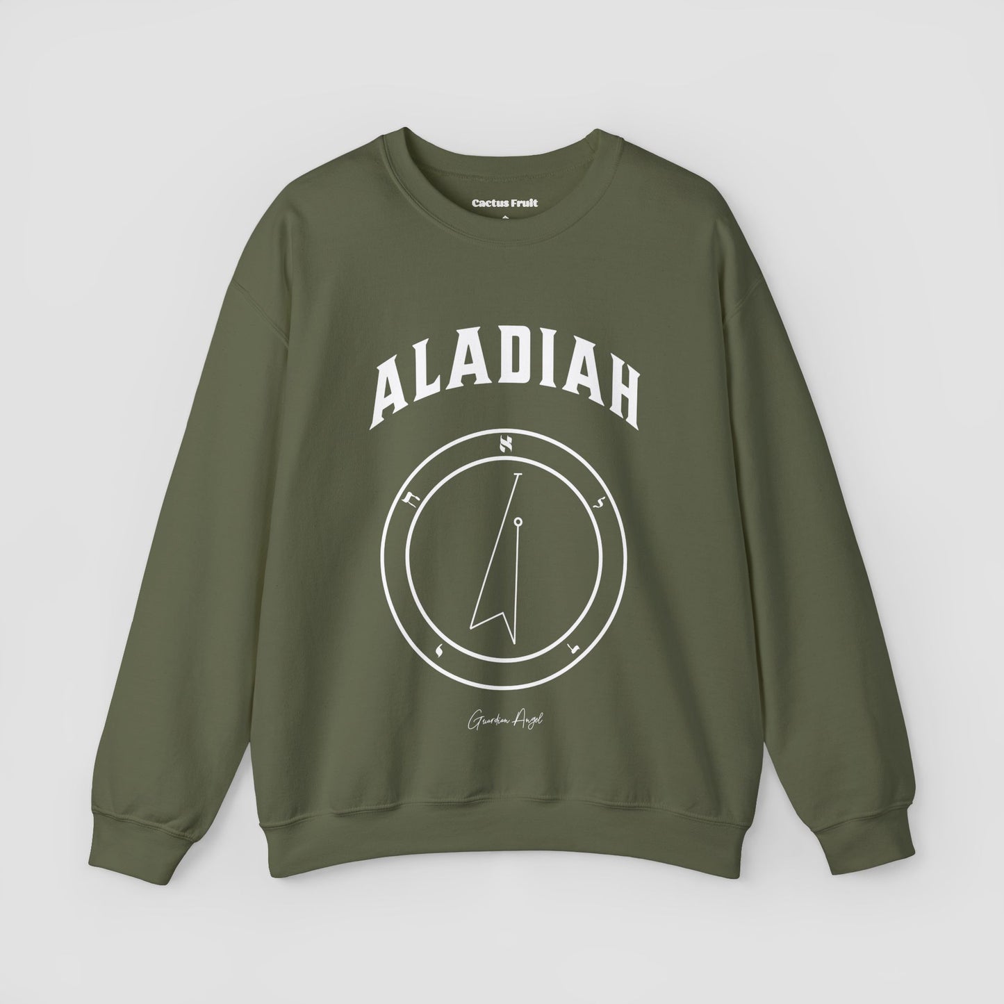 No.10 Shemhamphorasch Guardian Angel "Aladiah" Sweatshirt in Military Green. With the seal of Aladiah in white print on the front.