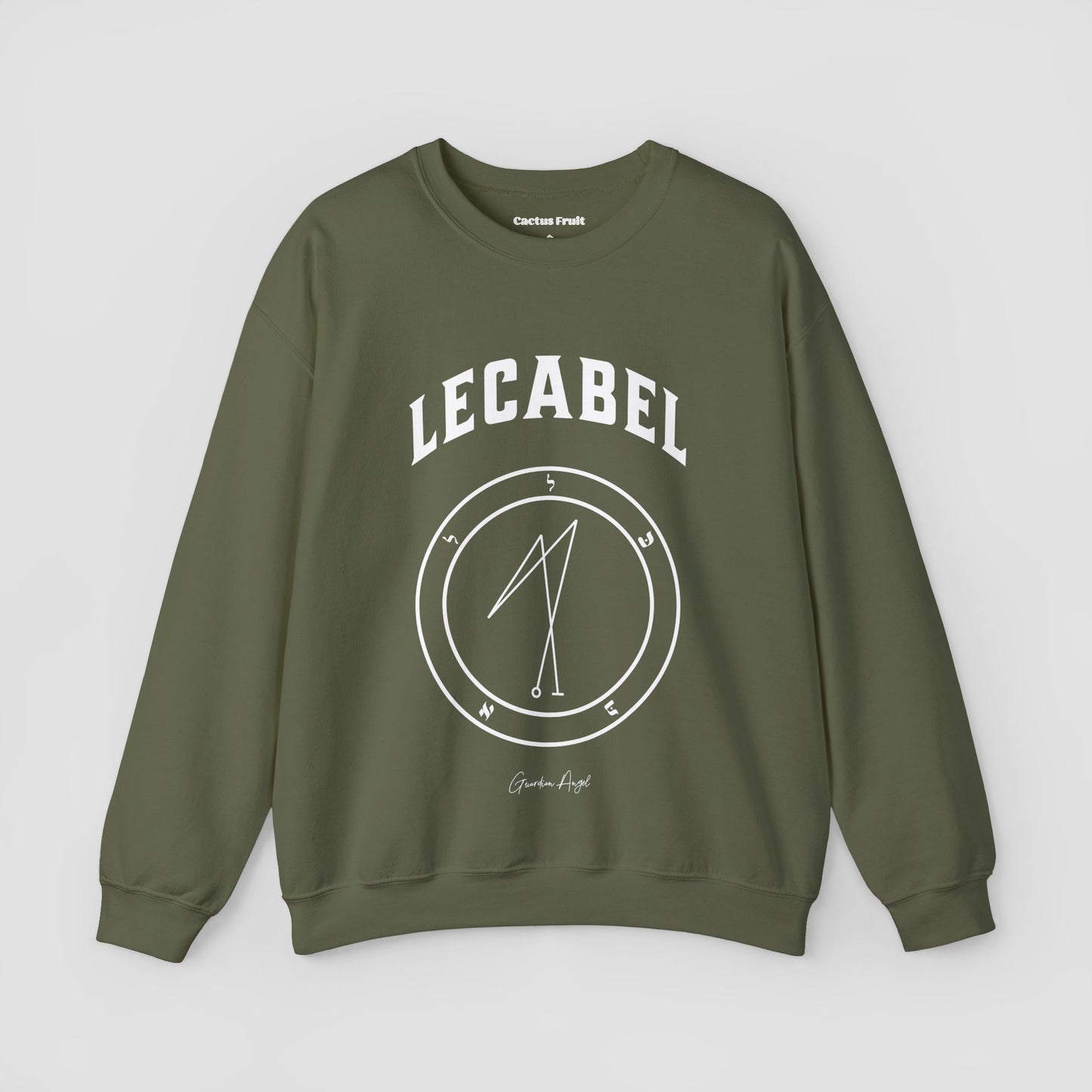 No.31 Shemhamphorasch Guardian Angel "Lecabel" Sweatshirt in Military Green. With the seal of Lecabel in white print on the front.