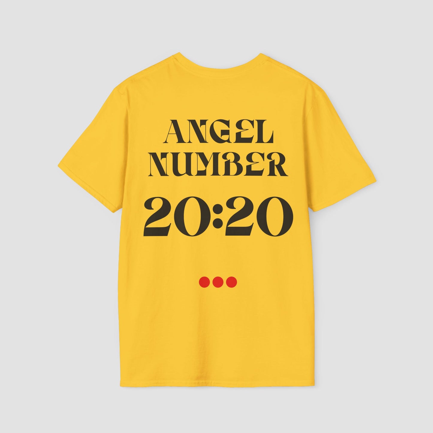 Yellow Tee with Angel Number 20:20 depicted on the back in black print and underscored by 3 red dots. A slogan is written across the front saying, "Read the signs" .